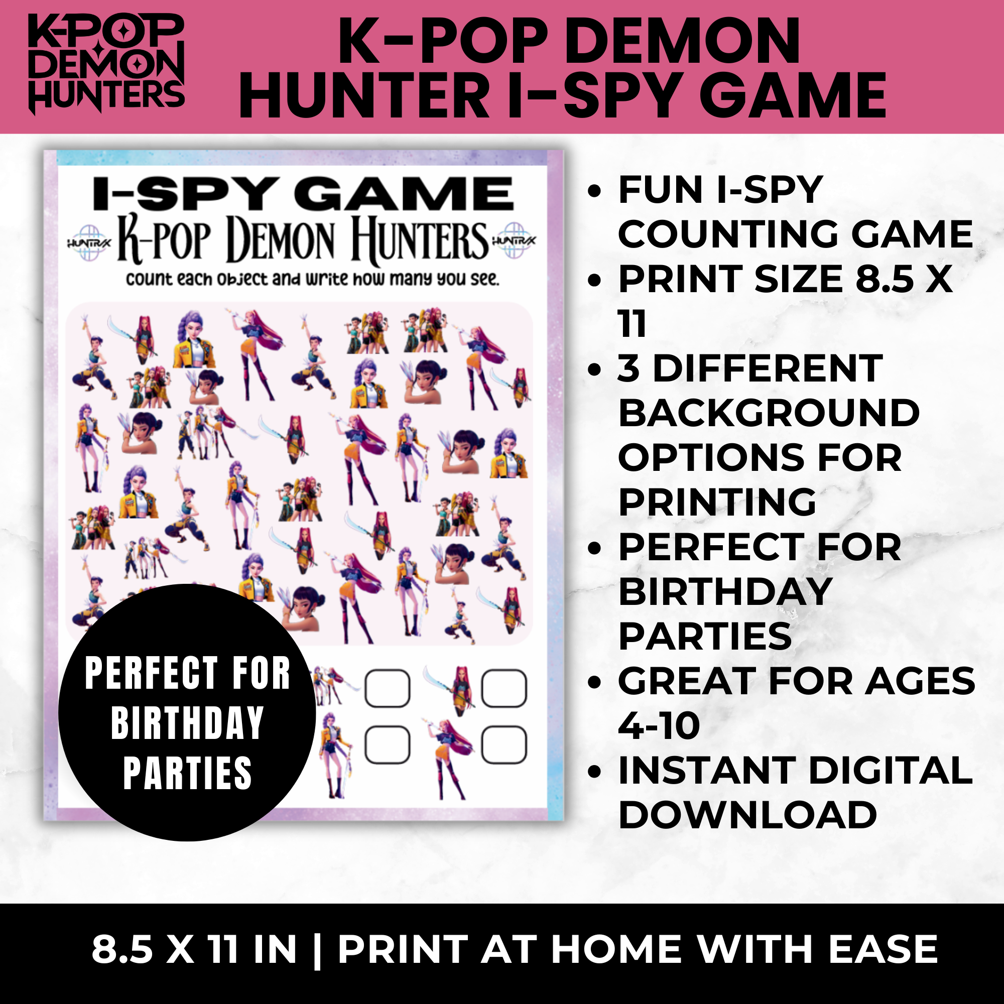 K-Pop Demon Hunters I-Spy Printable Game | Girls Birthday Party Activity