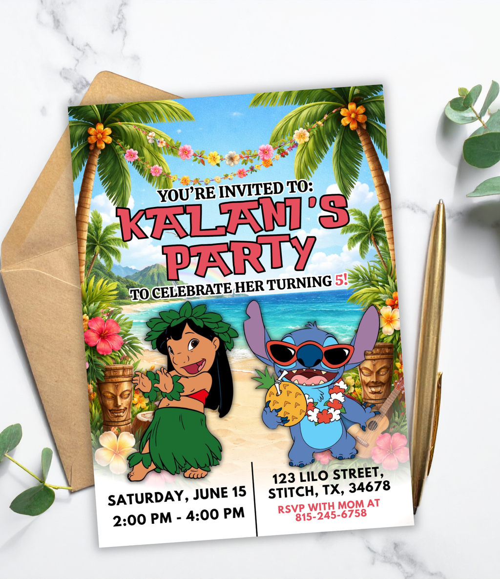 Personalized Lilo & Stitch Birthday Invitation for Kids | Custom Stitch Party Invite | Hawaiian Birthday Invitation