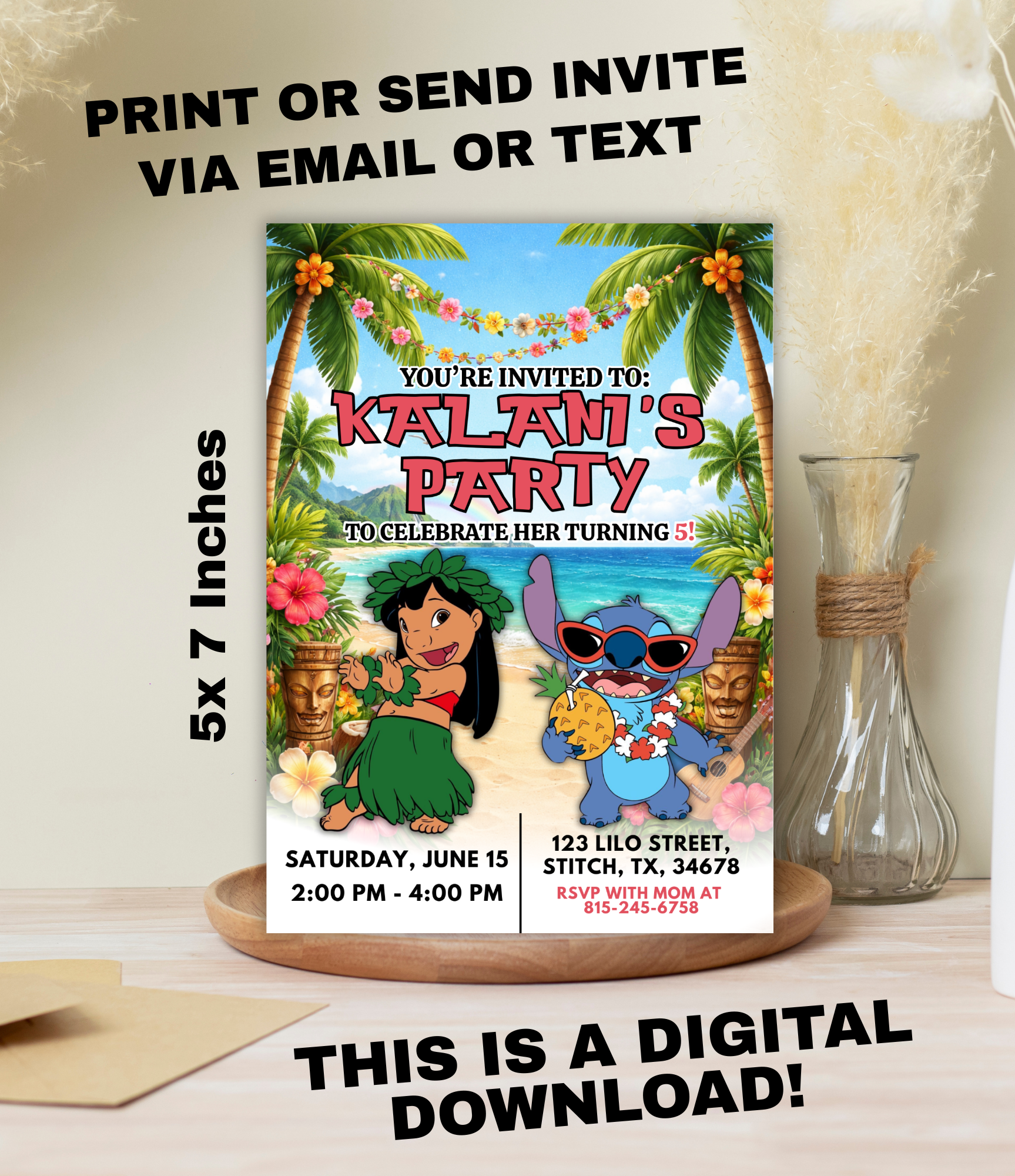Personalized Lilo & Stitch Birthday Invitation for Kids | Custom Stitch Party Invite | Hawaiian Birthday Invitation