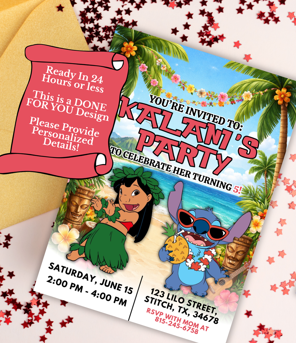 Personalized Lilo & Stitch Birthday Invitation for Kids | Custom Stitch Party Invite | Hawaiian Birthday Invitation