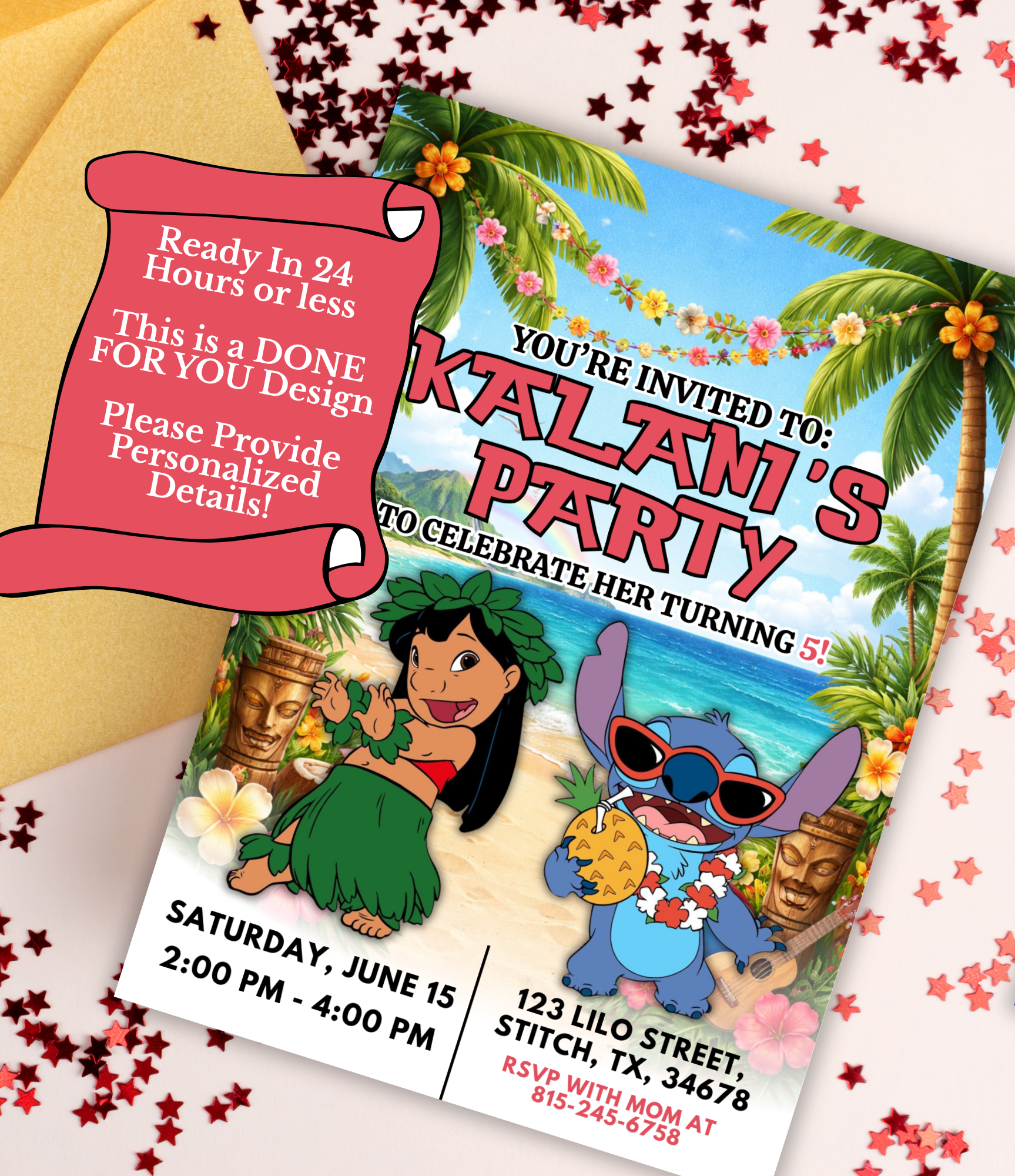 Personalized Lilo & Stitch Birthday Invitation for Kids | Custom Stitch Party Invite | Hawaiian Birthday Invitation