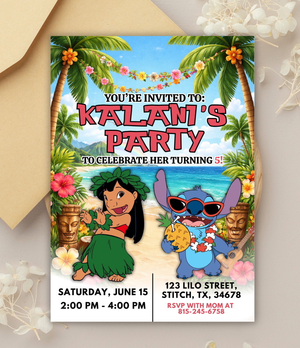 Personalized Lilo & Stitch Birthday Invitation for Kids | Custom Stitch Party Invite | Hawaiian Birthday Invitation