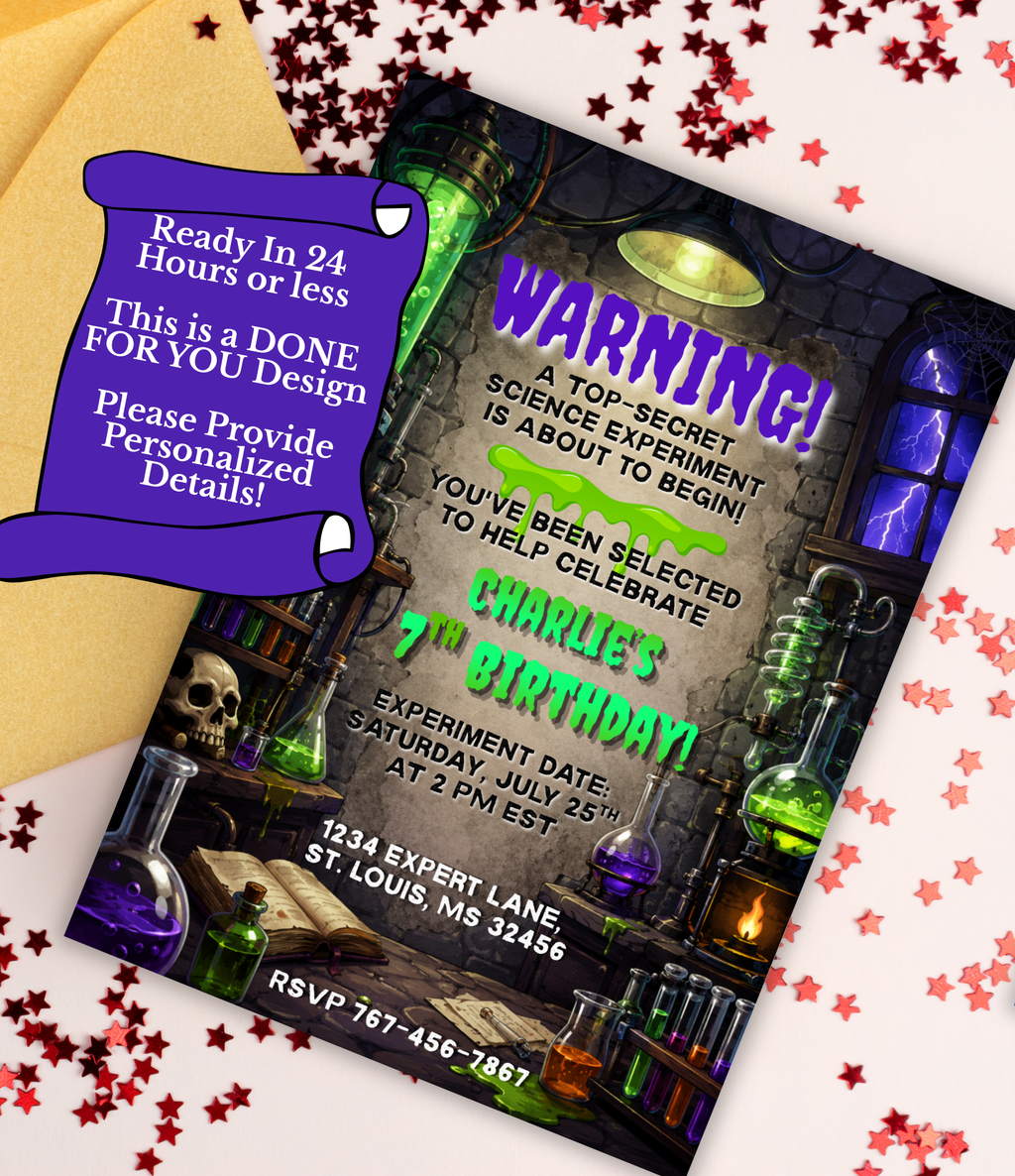 Mad Scientist Birthday Invitation | Science Birthday Party Invite | Editable Canva Template or Personalized Digital Invite