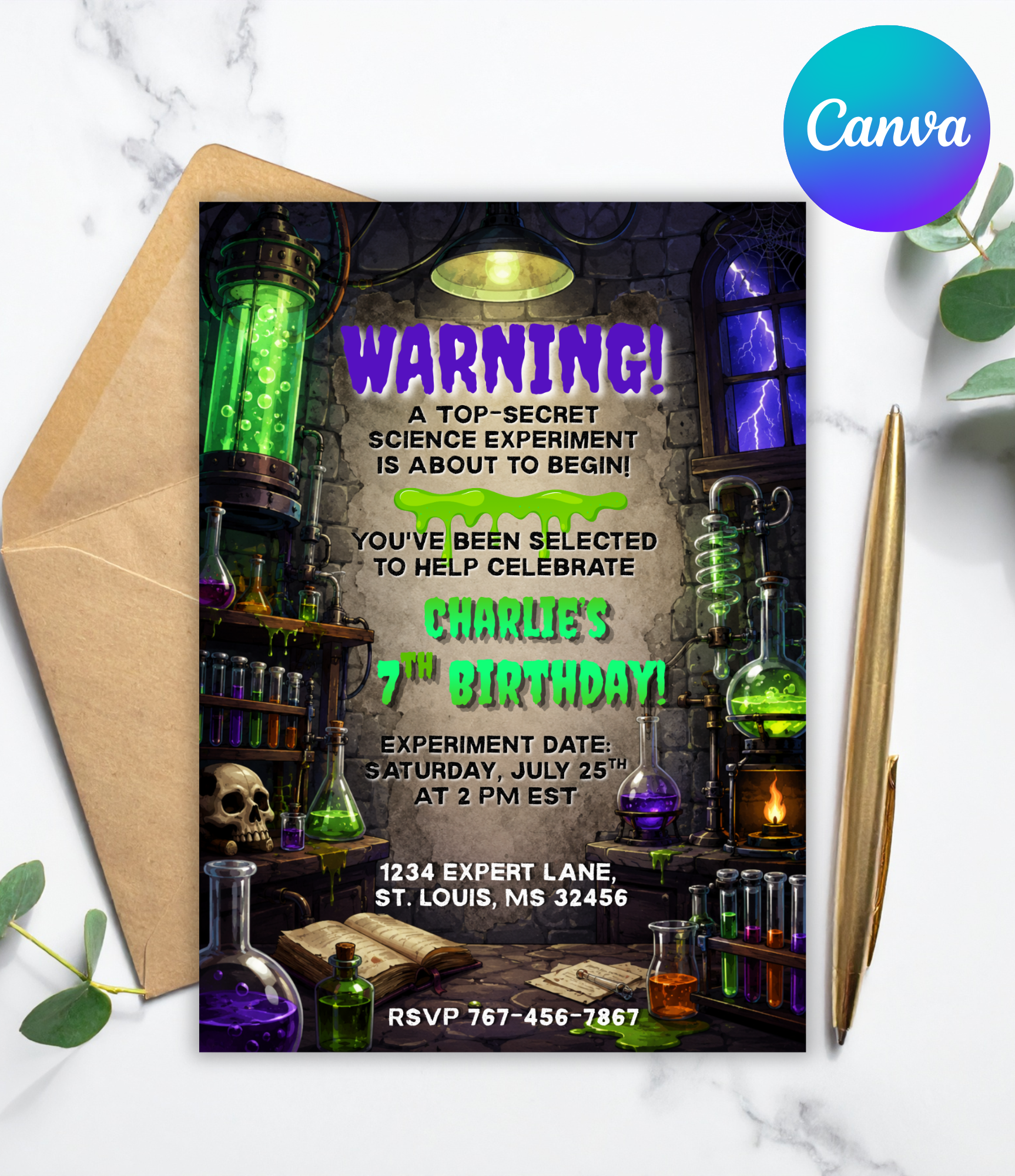 Mad Scientist Birthday Invitation | Science Birthday Party Invite | Editable Canva Template or Personalized Digital Invite