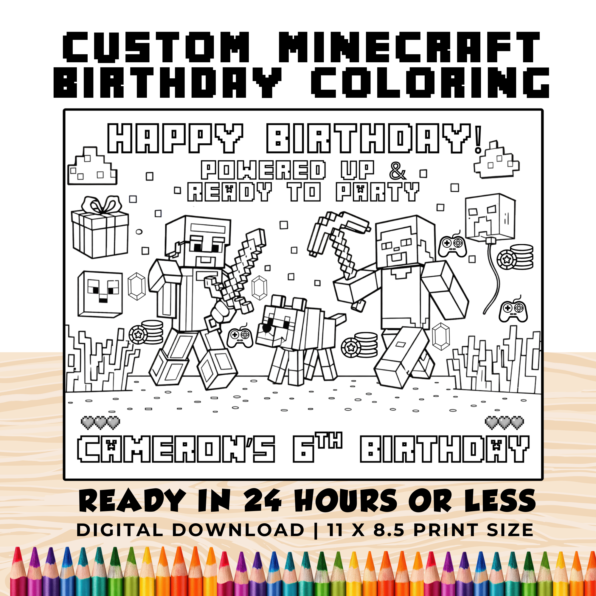 Personalized Minecraft Birthday Coloring Page | Custom Gamer Party Printable Digital Download