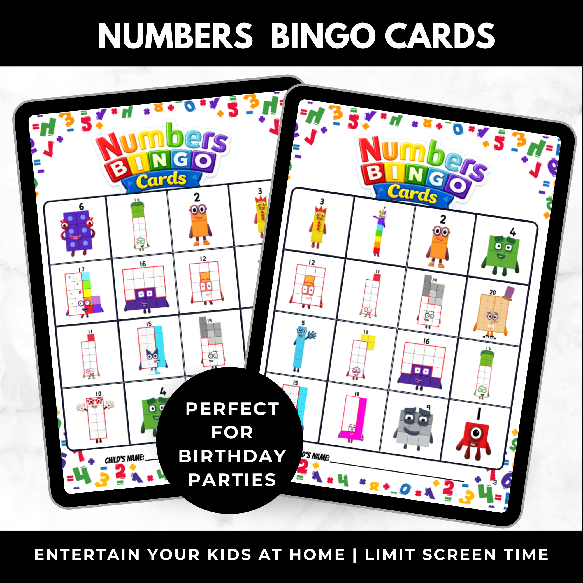 Number Blocks Birthday Game Bingo Cards