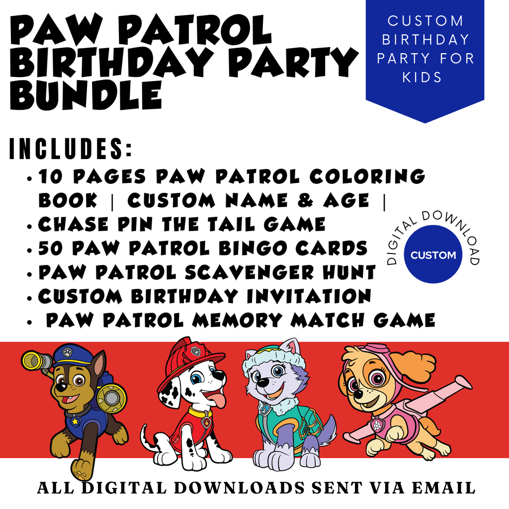 Paw Patrol Birthday Party Bundle Printable | Paw Patrol Party Games for Kids | Bingo, Scavenger Hunt, Coloring Book & Invitation | Instant Download
