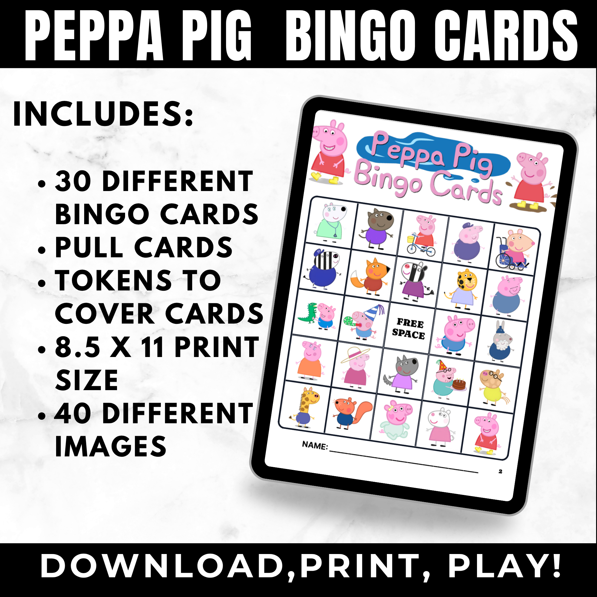 Peppa Pig Bingo Cards Printable | Peppa Pig Birthday Party Game for Kids | 30 Unique Bingo Cards | Classroom Activity | Instant Download