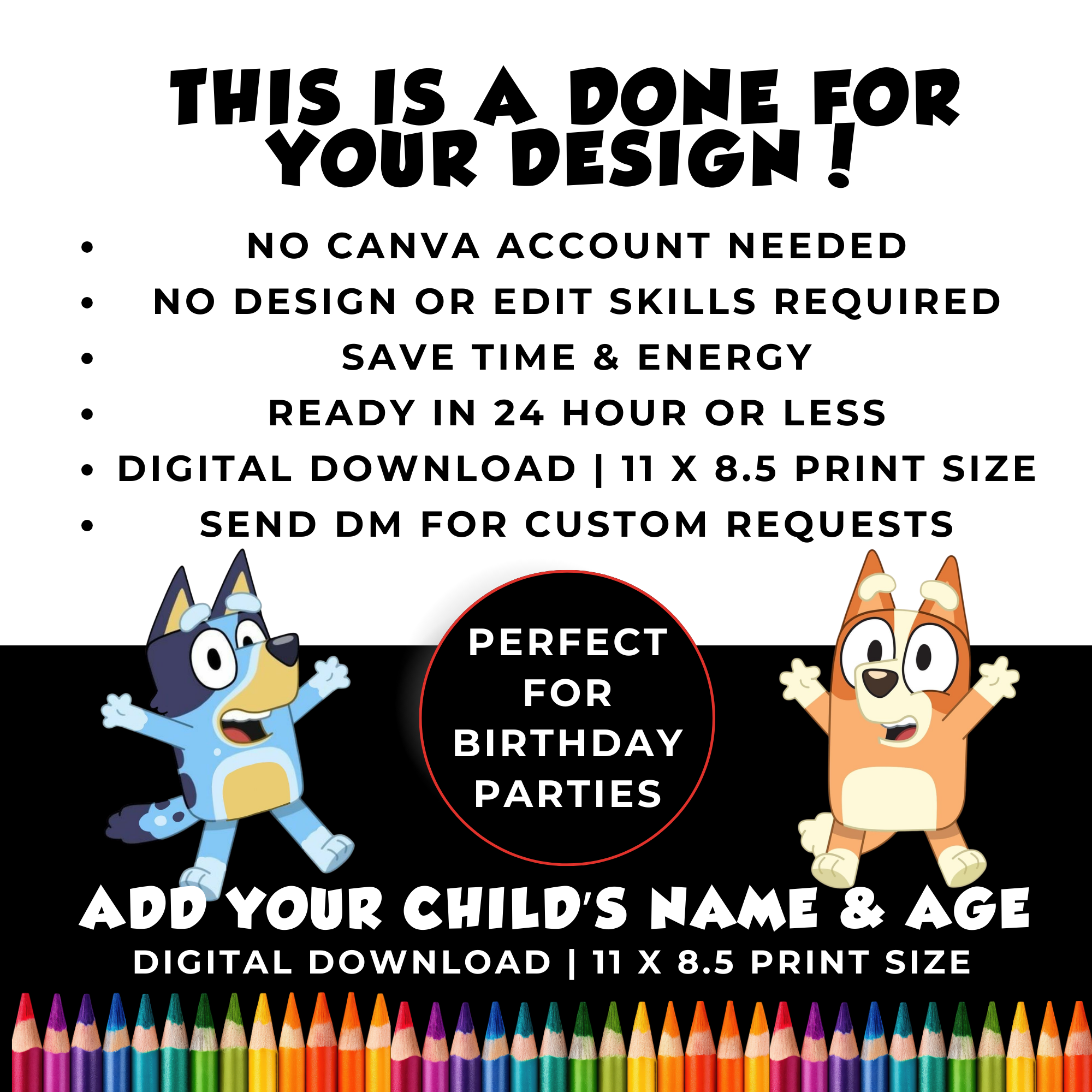 Personalized Bluey Birthday Coloring Page Printable | Custom Bluey Coloring Sheet with Name & Age