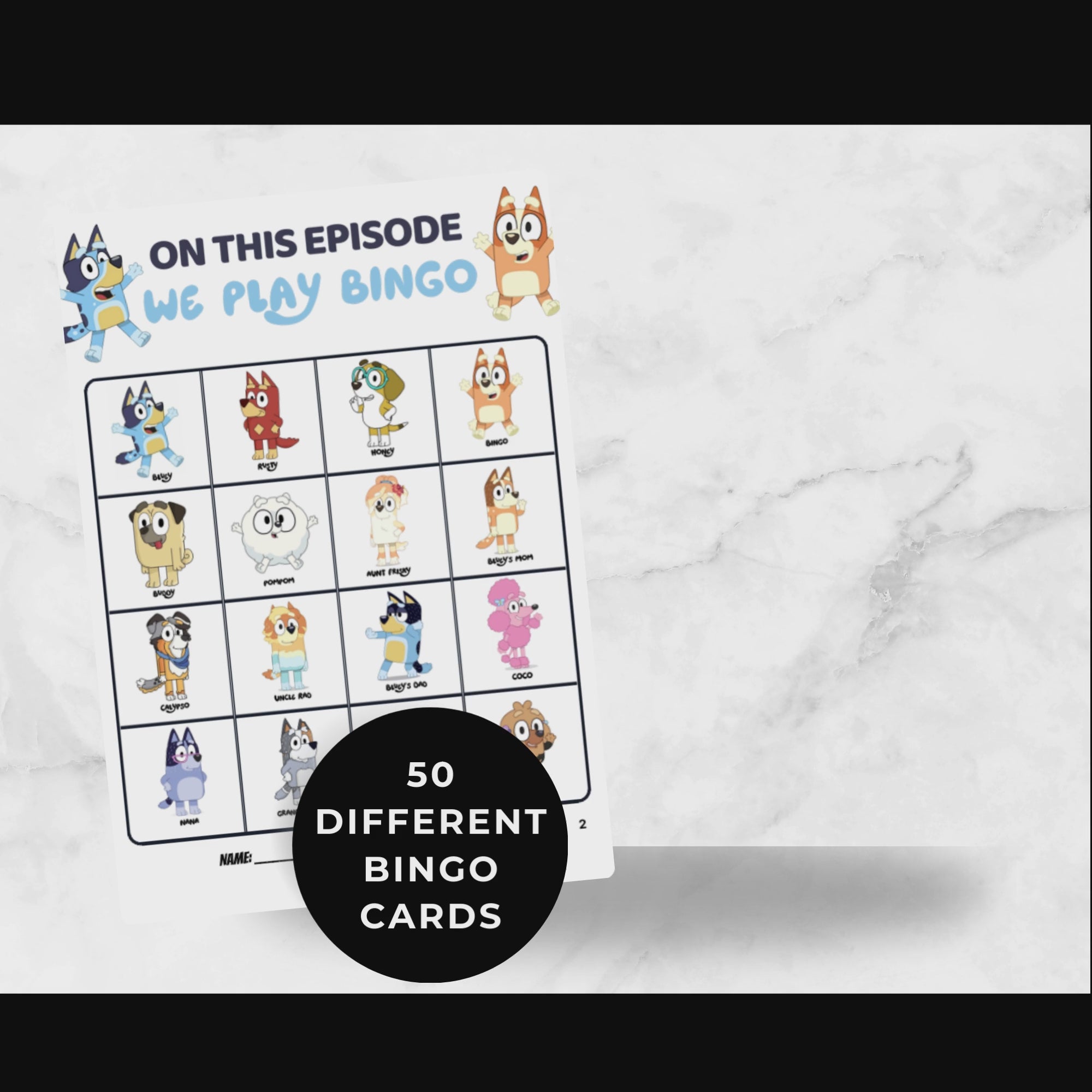 50 Bluey Bingo Cards for Kids