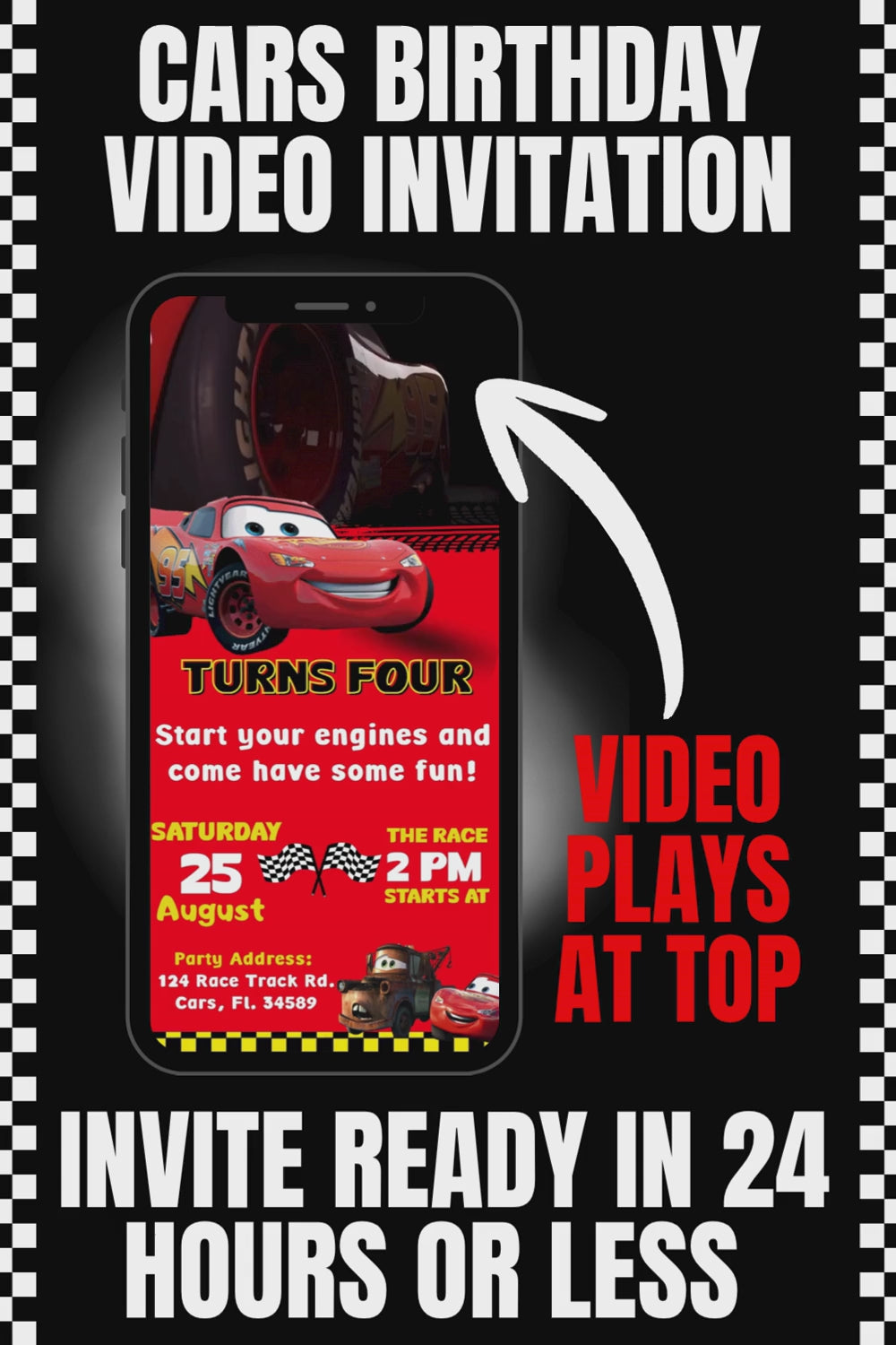 Cars Video Birthday Invitation | Personalized Lightning McQueen Birthday Invite for Boys | Animated Cars Party Invite |
