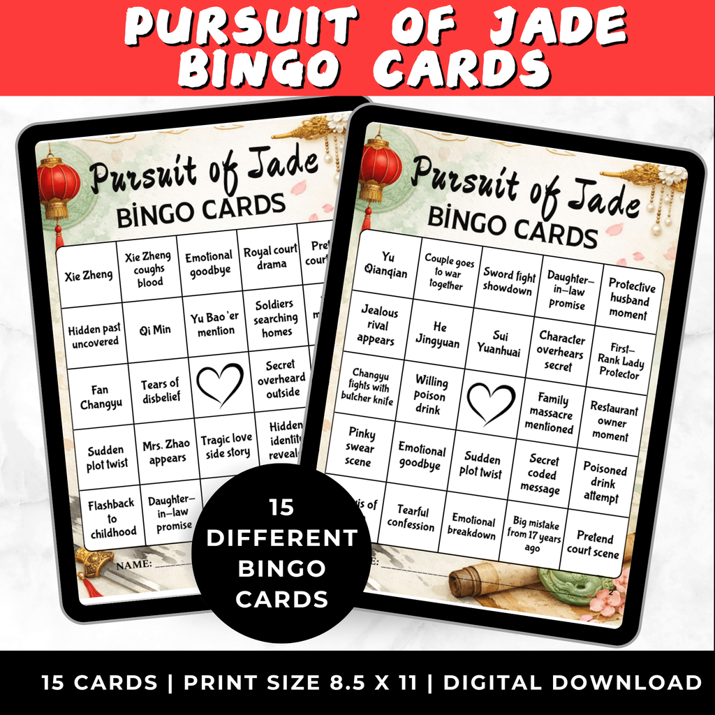 Pursuit of Jade Bingo Cards Printable | Watch Party Bingo Game | TV Show Bingo Cards for Adults | Instant Download