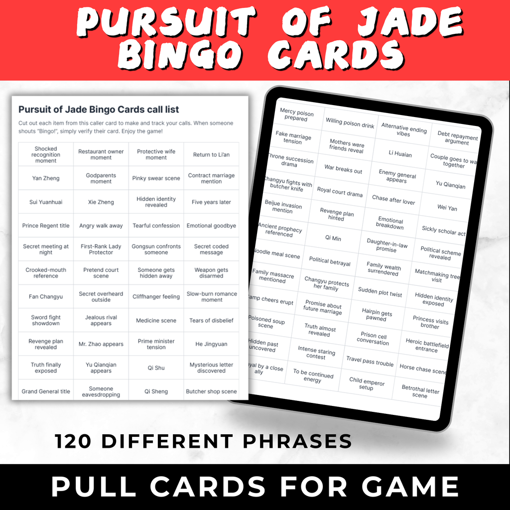 Pursuit of Jade Bingo Cards Printable | Watch Party Bingo Game | TV Show Bingo Cards for Adults | Instant Download