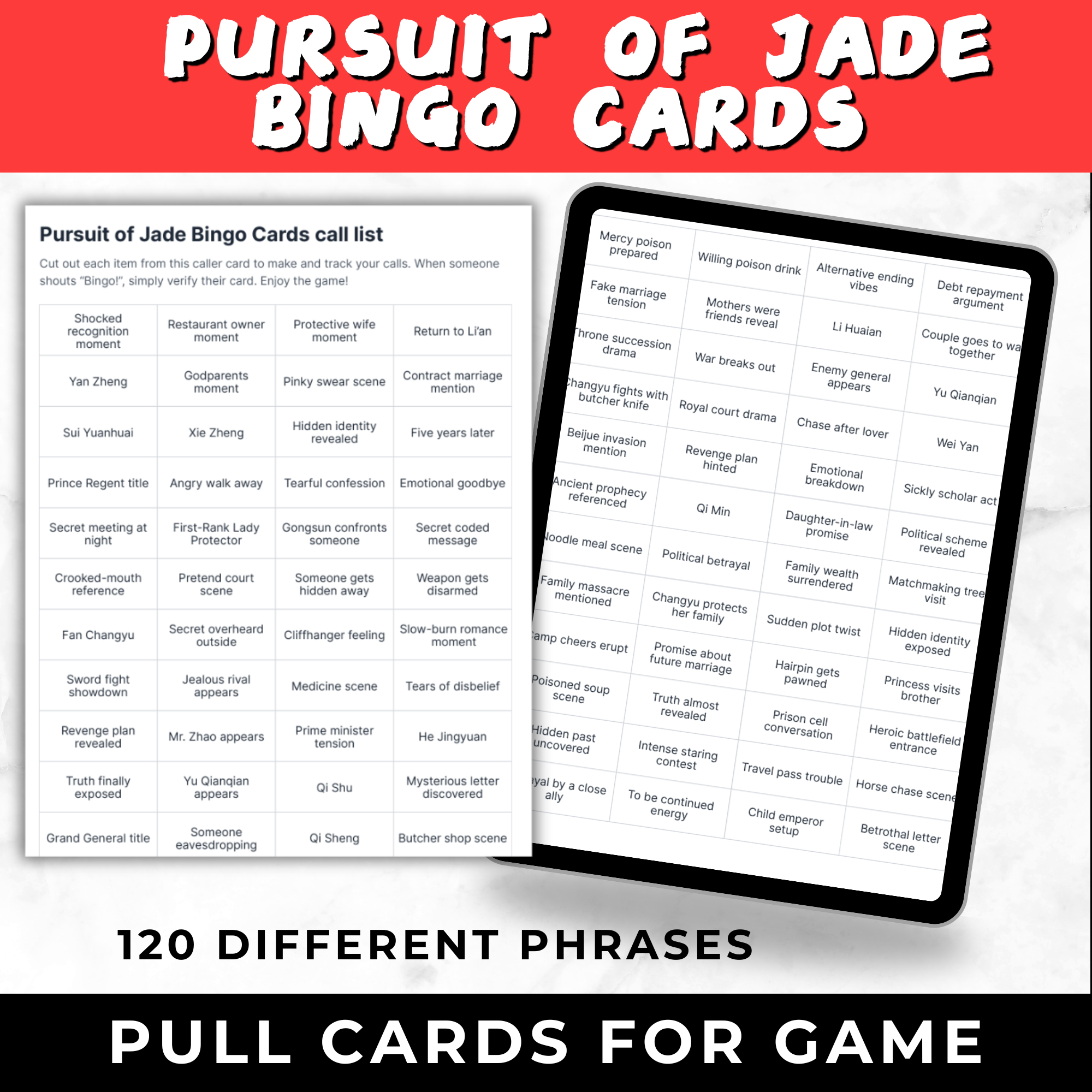 Pursuit of Jade Bingo Cards Printable | Watch Party Bingo Game | TV Show Bingo Cards for Adults | Instant Download