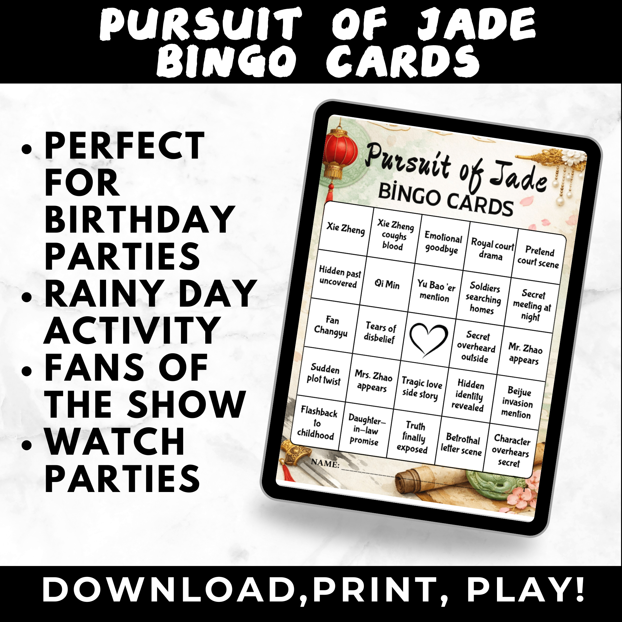 Pursuit of Jade Bingo Cards Printable | Watch Party Bingo Game | TV Show Bingo Cards for Adults | Instant Download
