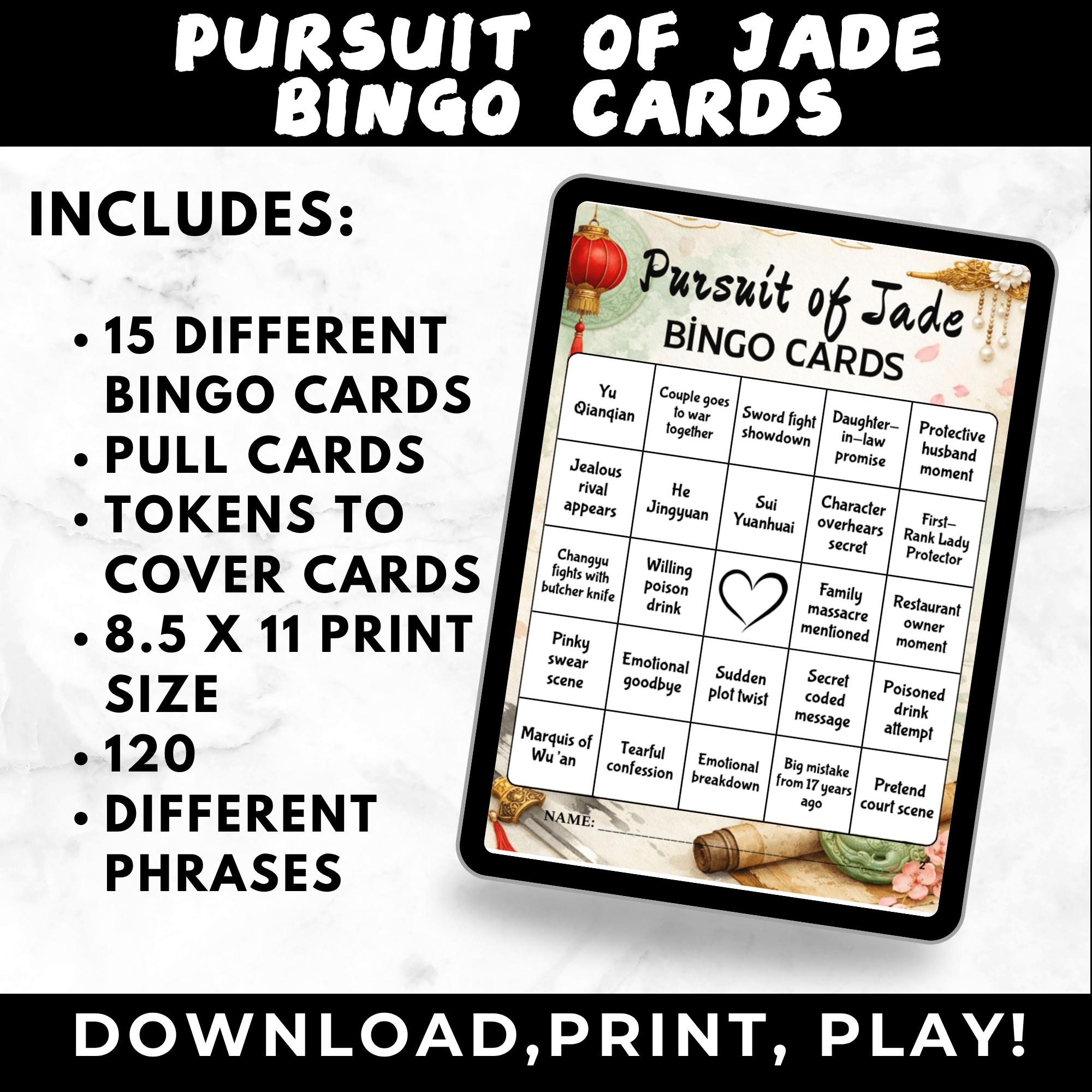 Pursuit of Jade Bingo Cards Printable | Watch Party Bingo Game | TV Show Bingo Cards for Adults | Instant Download