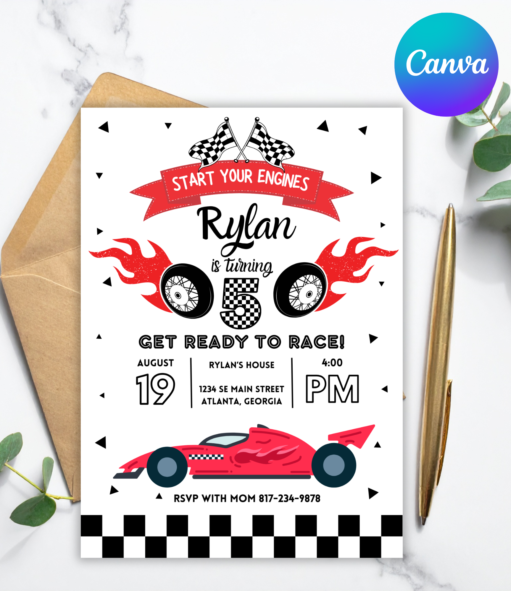 Race Car Birthday Invitation for Boys | Editable Canva Template or Custom 5x7 Digital Invite