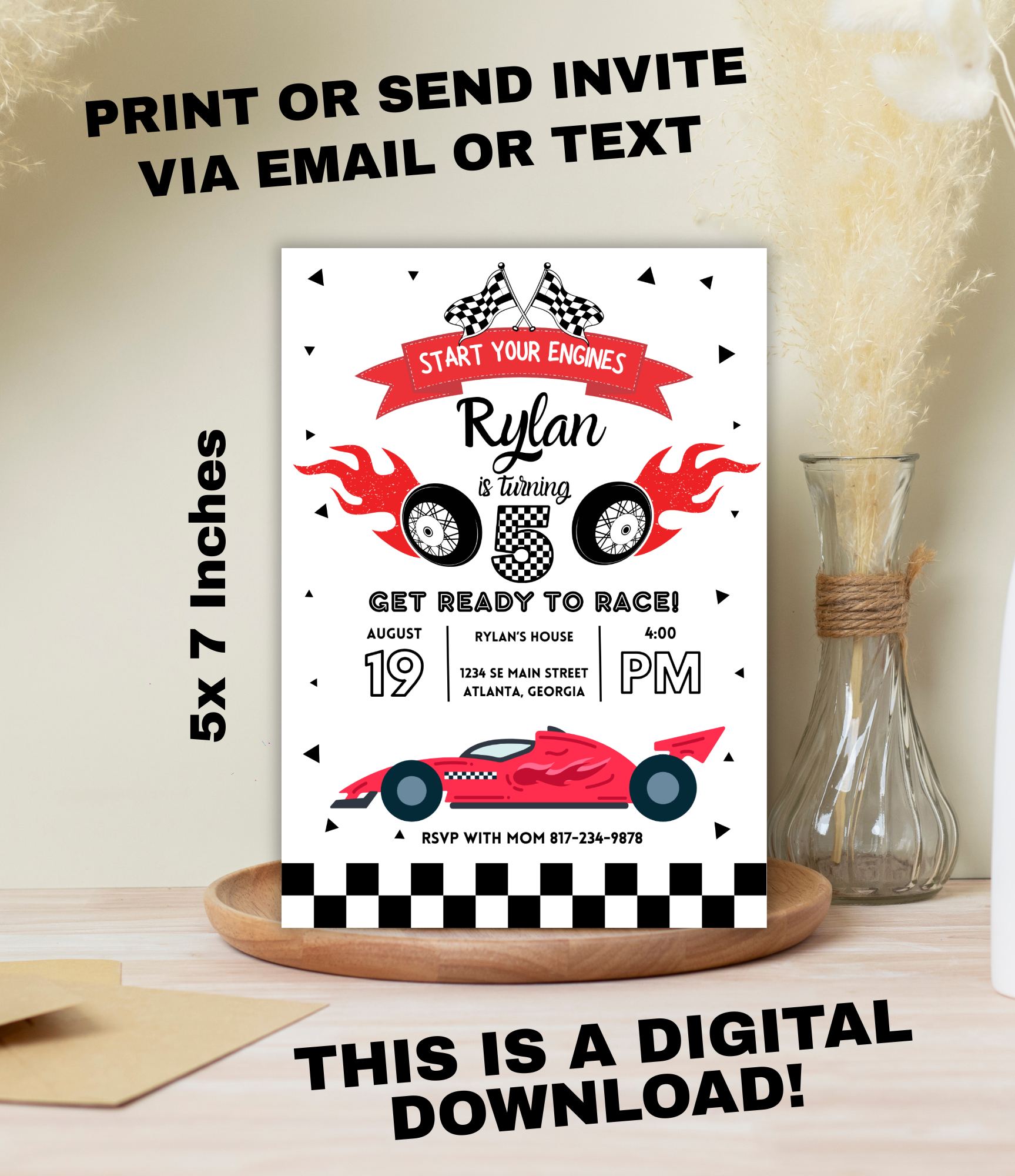Race Car Birthday Invitation for Boys | Editable Canva Template or Custom 5x7 Digital Invite