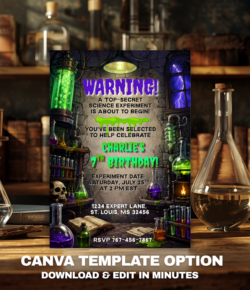 Mad Scientist Birthday Invitation | Science Birthday Party Invite | Editable Canva Template or Personalized Digital Invite