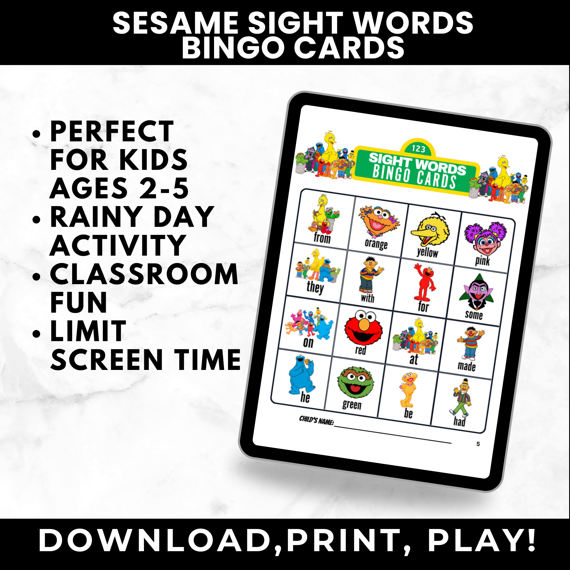 Sesame Street Sight Word Bingo Game