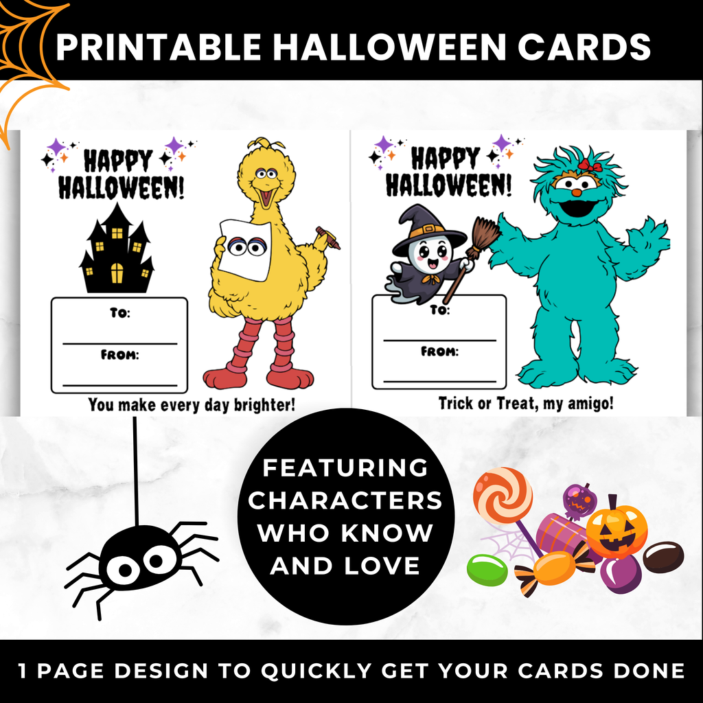 Sesame Street Halloween Classroom Cards for Candy | Printable Halloween Treat Cards for Kids | School Halloween Cards PDF