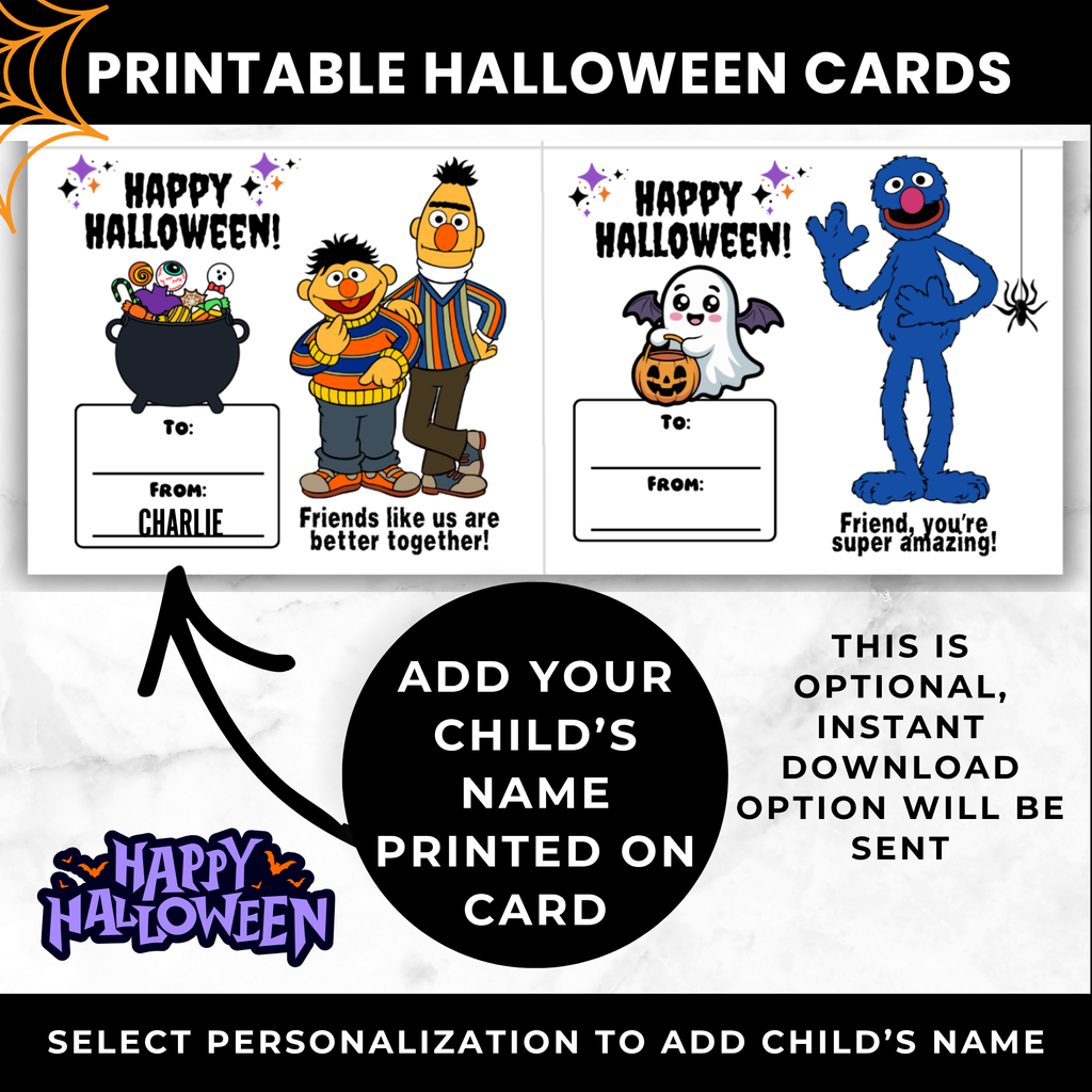 Sesame Street Halloween Classroom Cards for Candy | Printable Halloween Treat Cards for Kids | School Halloween Cards PDF
