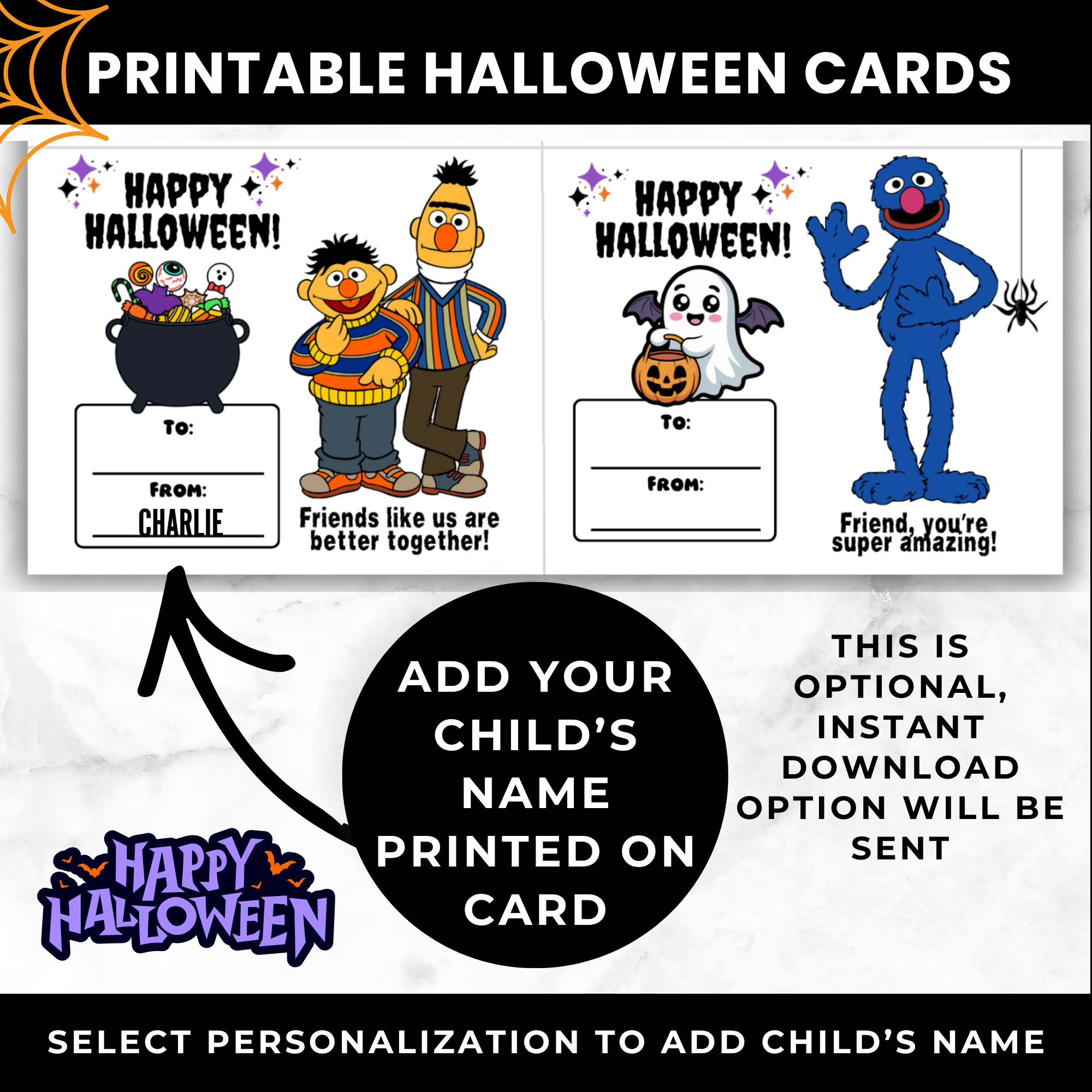 Sesame Street Halloween Classroom Cards for Candy | Printable Halloween Treat Cards for Kids | School Halloween Cards PDF