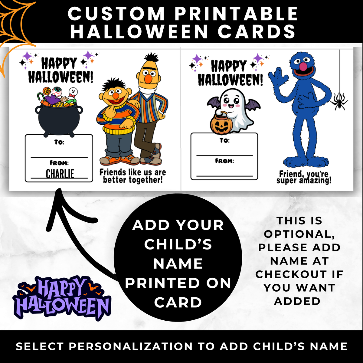 Custom printable Halloween cards shown on a promotional graphic with black header and footer bars. The main content displays two sample card designs: one with Bob the Builder and Beckett, and one with a ghost and Grogu.