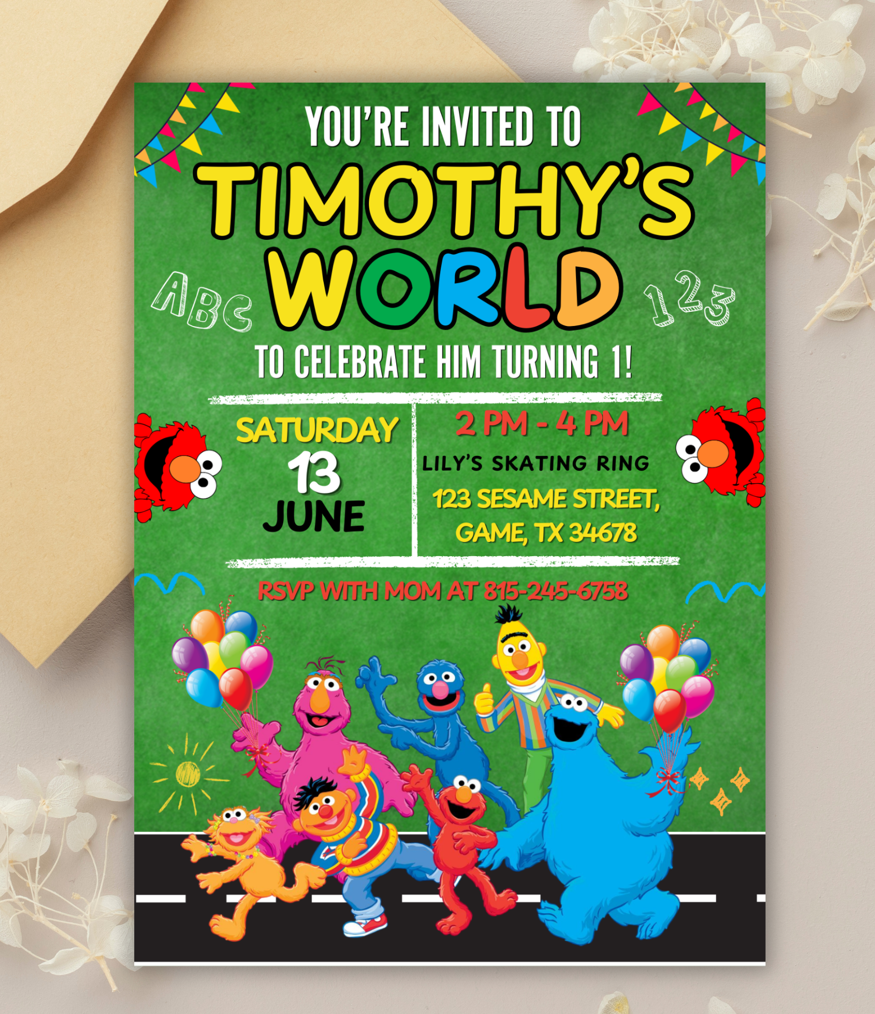 Personalized Sesame Street Birthday Invitation for Kids | Elmo Birthday Party Invite | Custom 1st Birthday Invitation