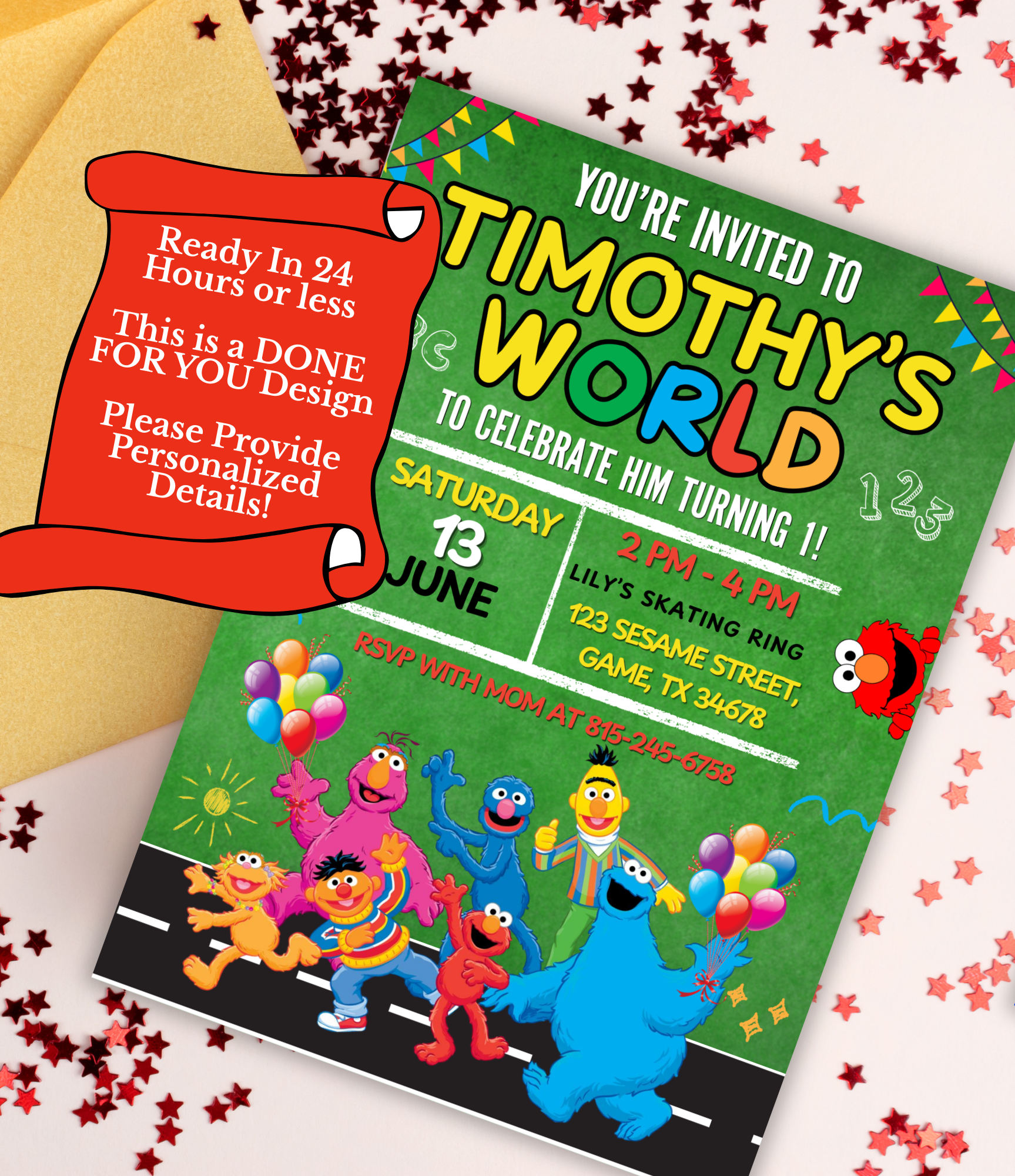 Personalized Sesame Street Birthday Invitation for Kids | Elmo Birthday Party Invite | Custom 1st Birthday Invitation