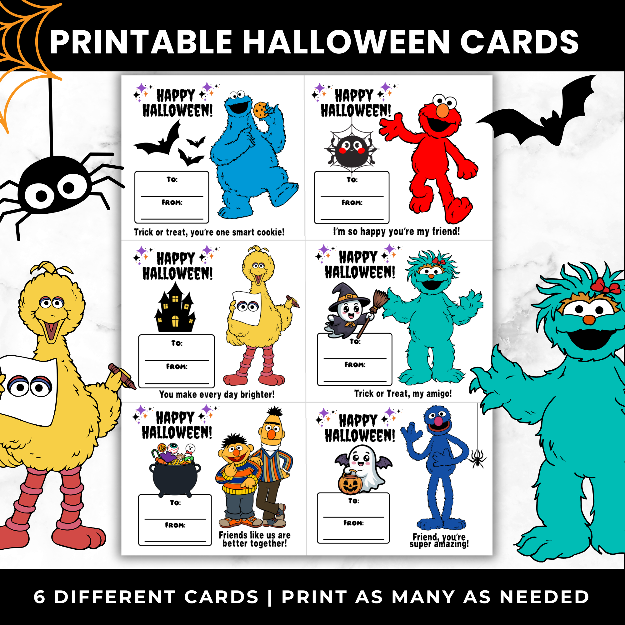 Sesame Street Halloween Classroom Cards for Candy | Printable Halloween Treat Cards for Kids | School Halloween Cards PDF