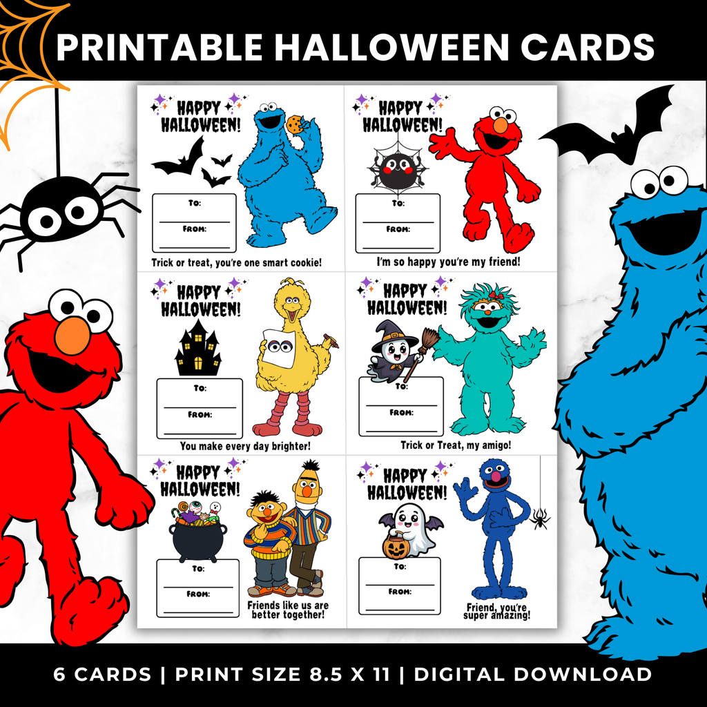 Sesame Street Halloween Classroom Cards for Candy | Printable Halloween Treat Cards for Kids | School Halloween Cards PDF