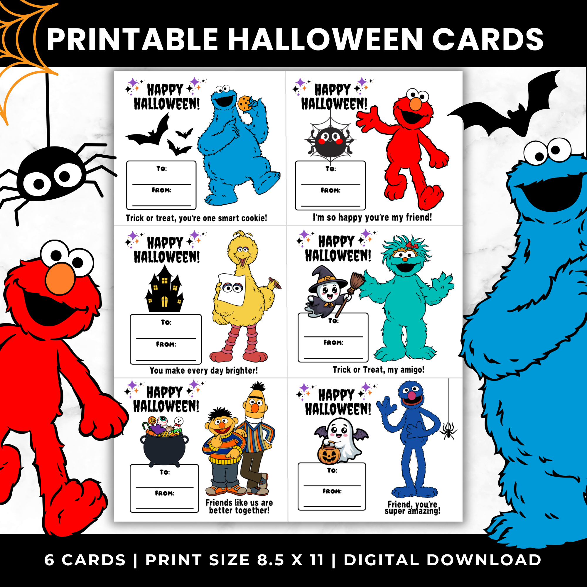 Sesame Street Halloween Classroom Cards for Candy | Printable Halloween Treat Cards for Kids | School Halloween Cards PDF