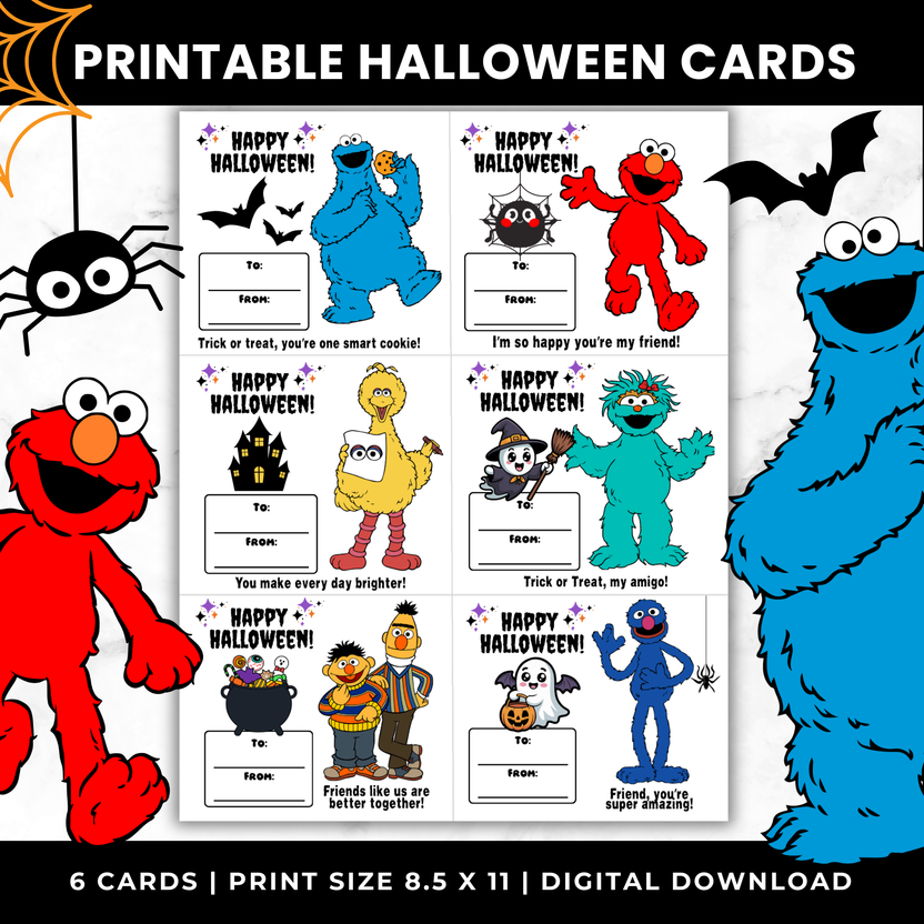 Sesame Street Halloween printable classroom candy cards, 6 designs per 8.5x11 page