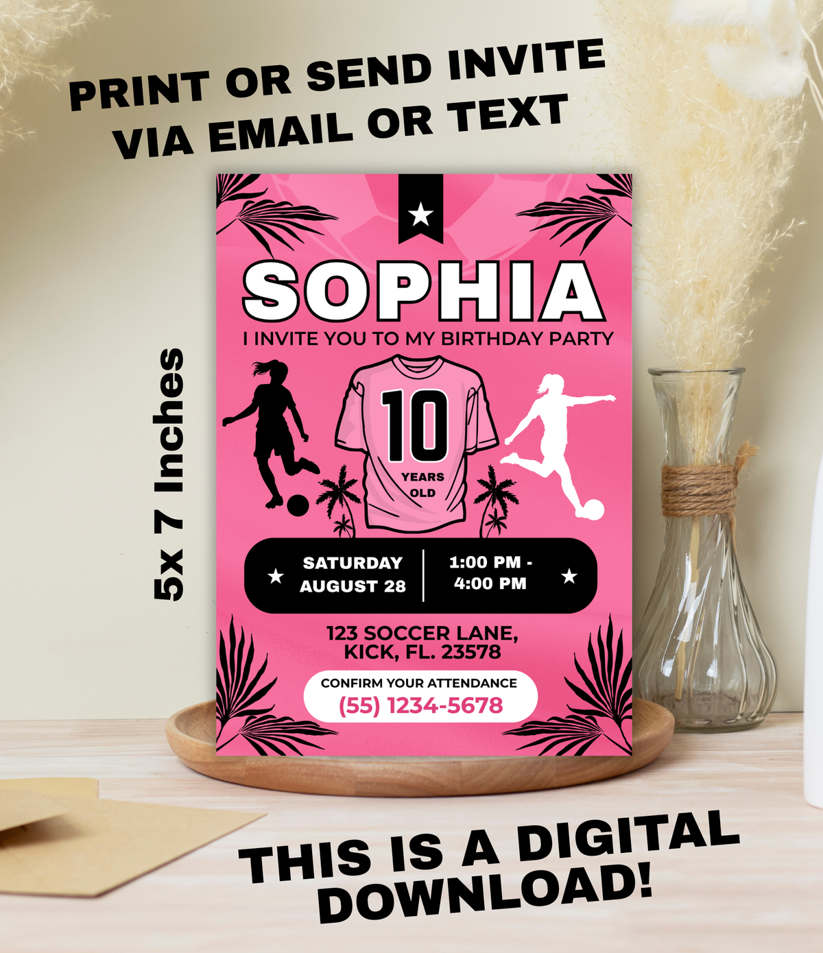 Pink Soccer birthday invitation printable, invitation design