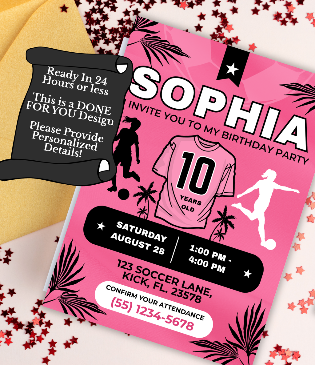 Pink Soccer birthday invitation printable, product mockup