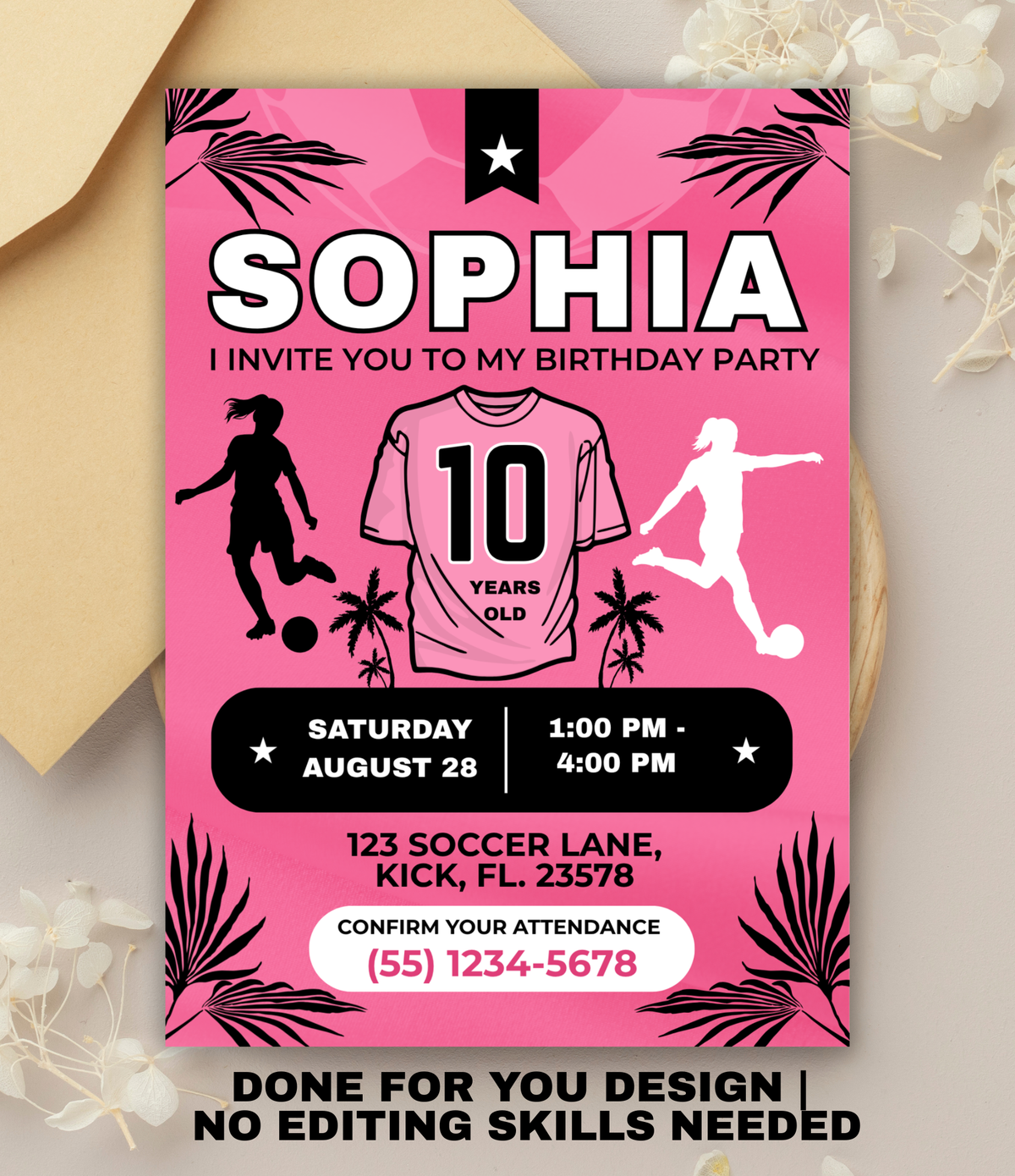Pink Soccer birthday invitation printable, invitation design