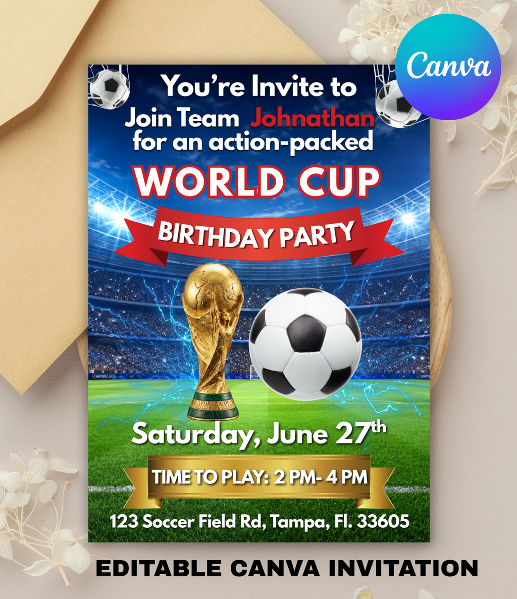 World Cup Soccer Birthday Invitation | Editable Canva Party Invite