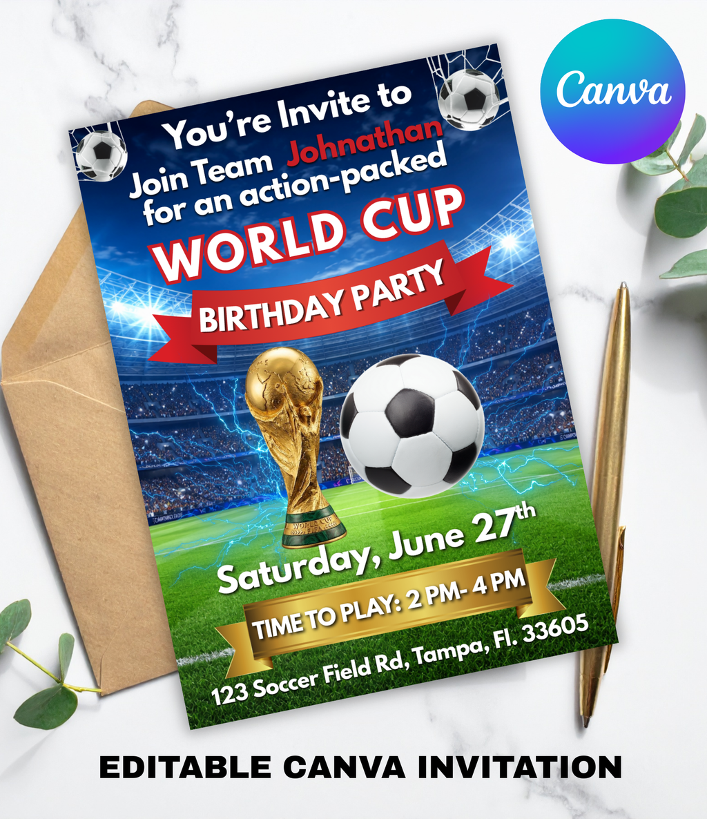 World Cup Soccer Birthday Invitation | Editable Canva Party Invite