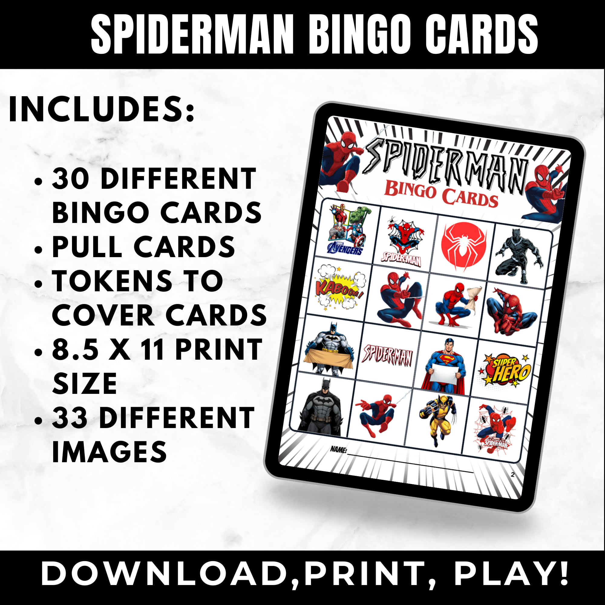 Spiderman Birthday Bingo Cards Printable for Kids | Superhero Party Game