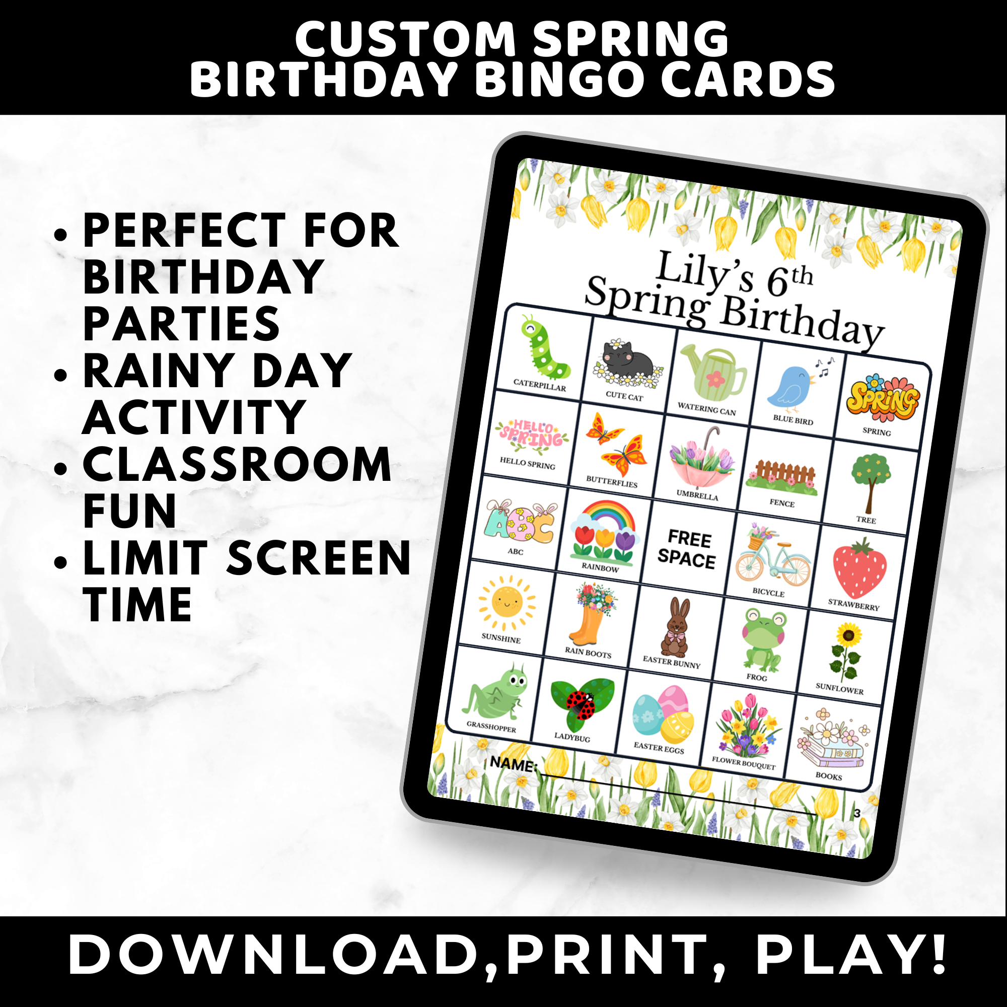 Custom Spring Birthday Bingo Cards for Kids
