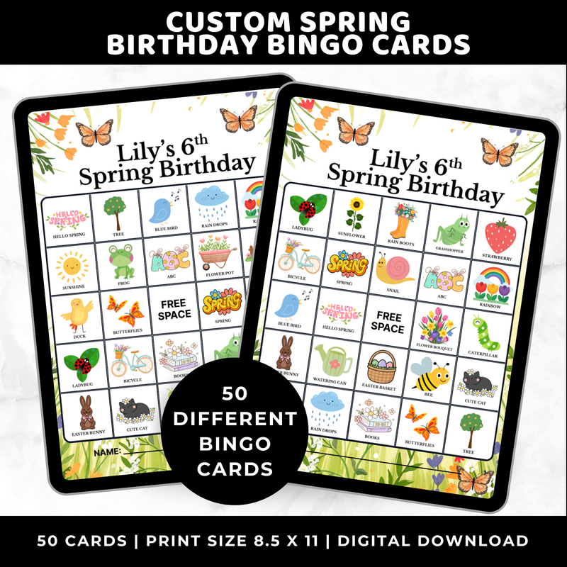 Personalised Spring Birthday Bingo Cards Printable for Kids — Spring Party Game