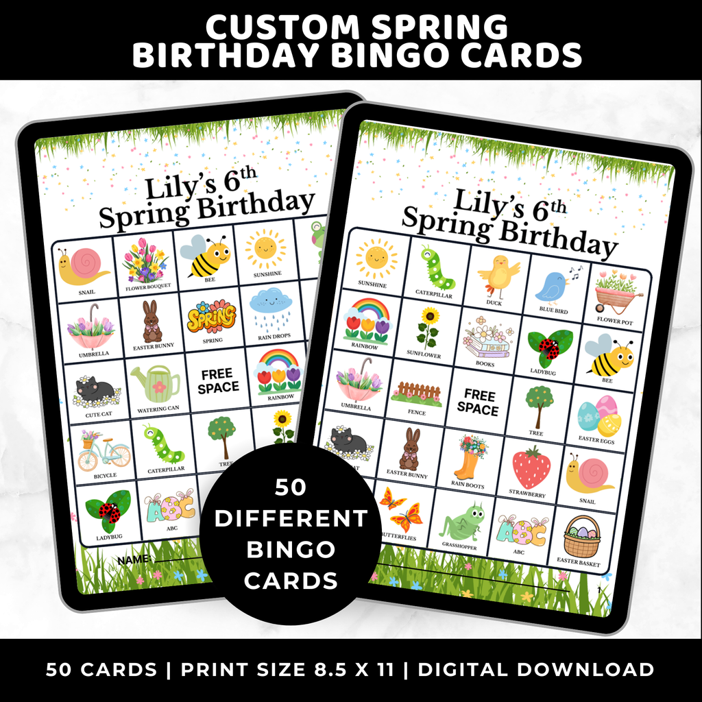 Personalized Spring Birthday Bingo Cards for Kids