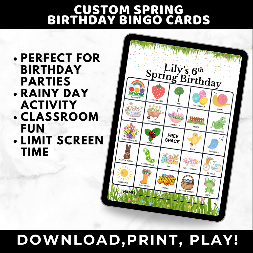 Personalized Spring Birthday Bingo Cards for Kids
