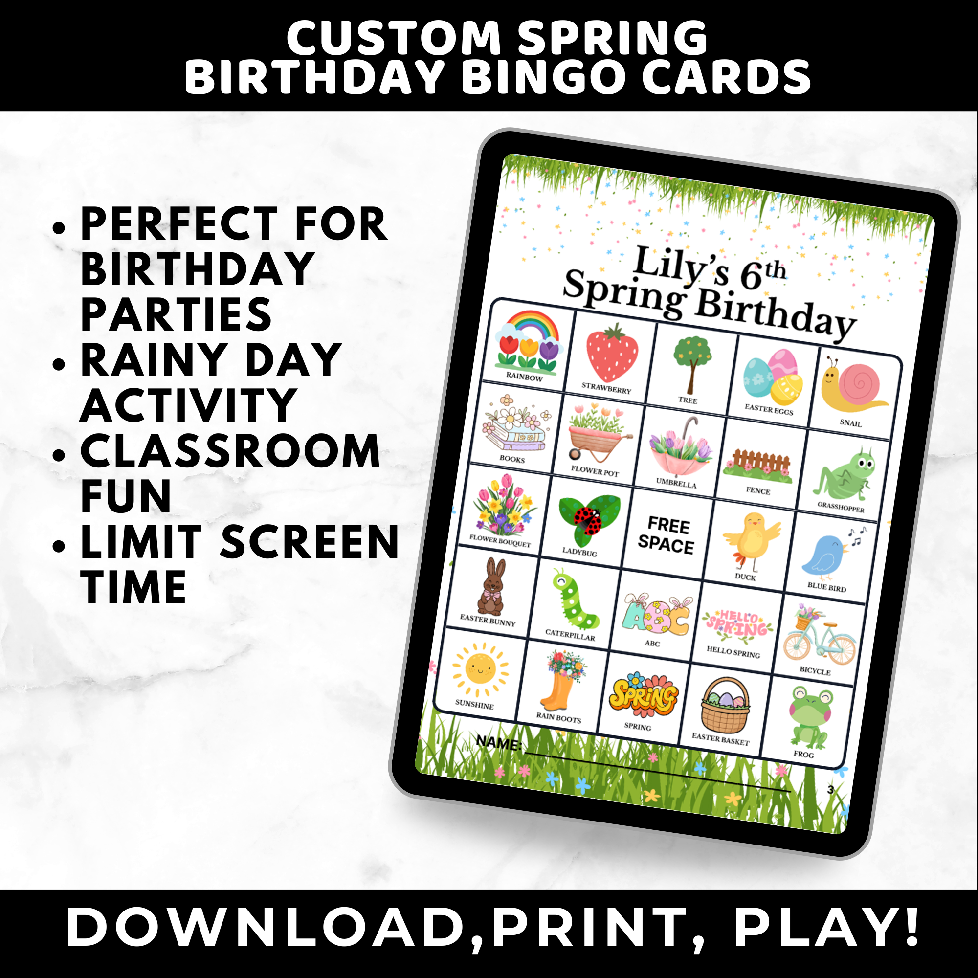 Personalized Spring Birthday Bingo Cards for Kids