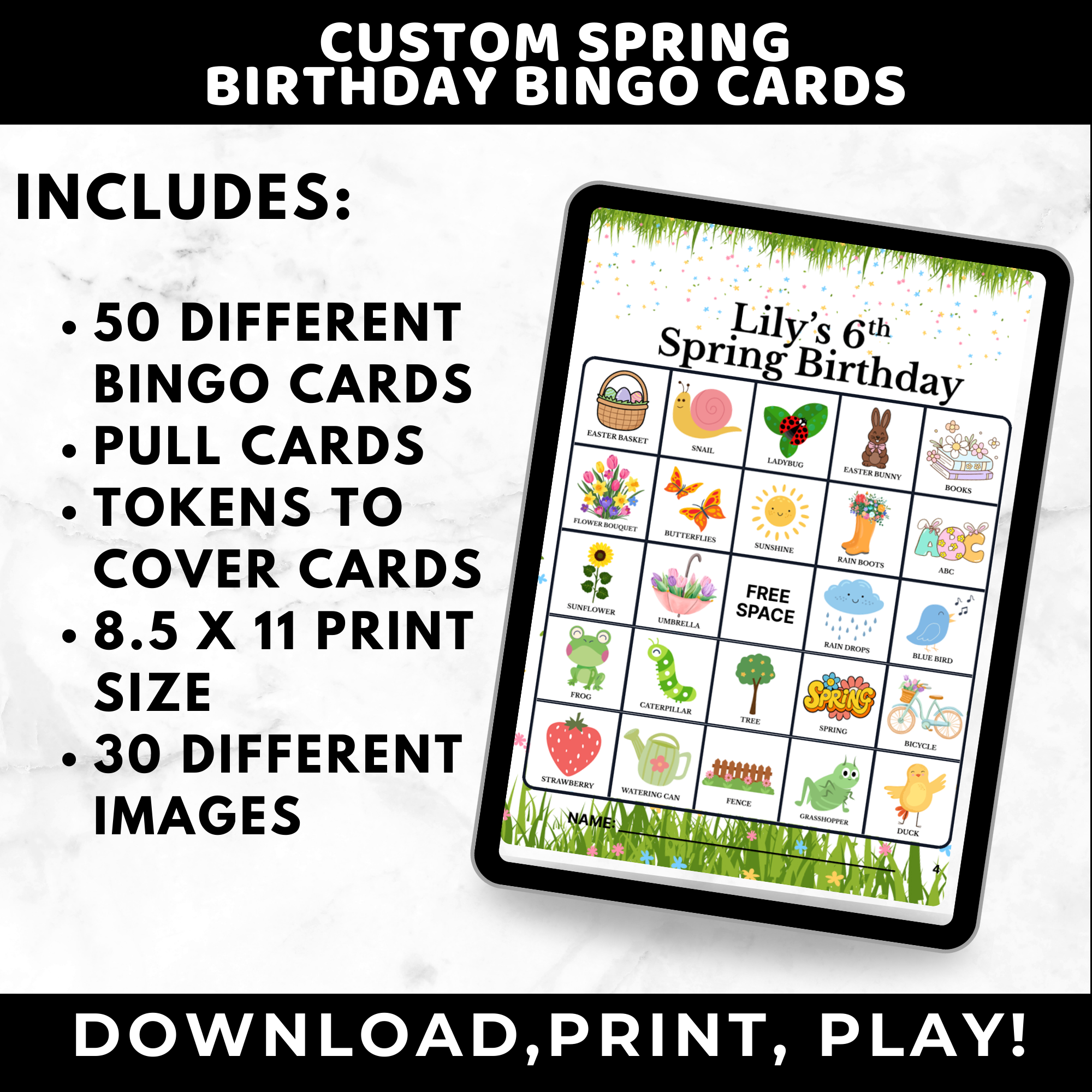 Personalized Spring Birthday Bingo Cards for Kids