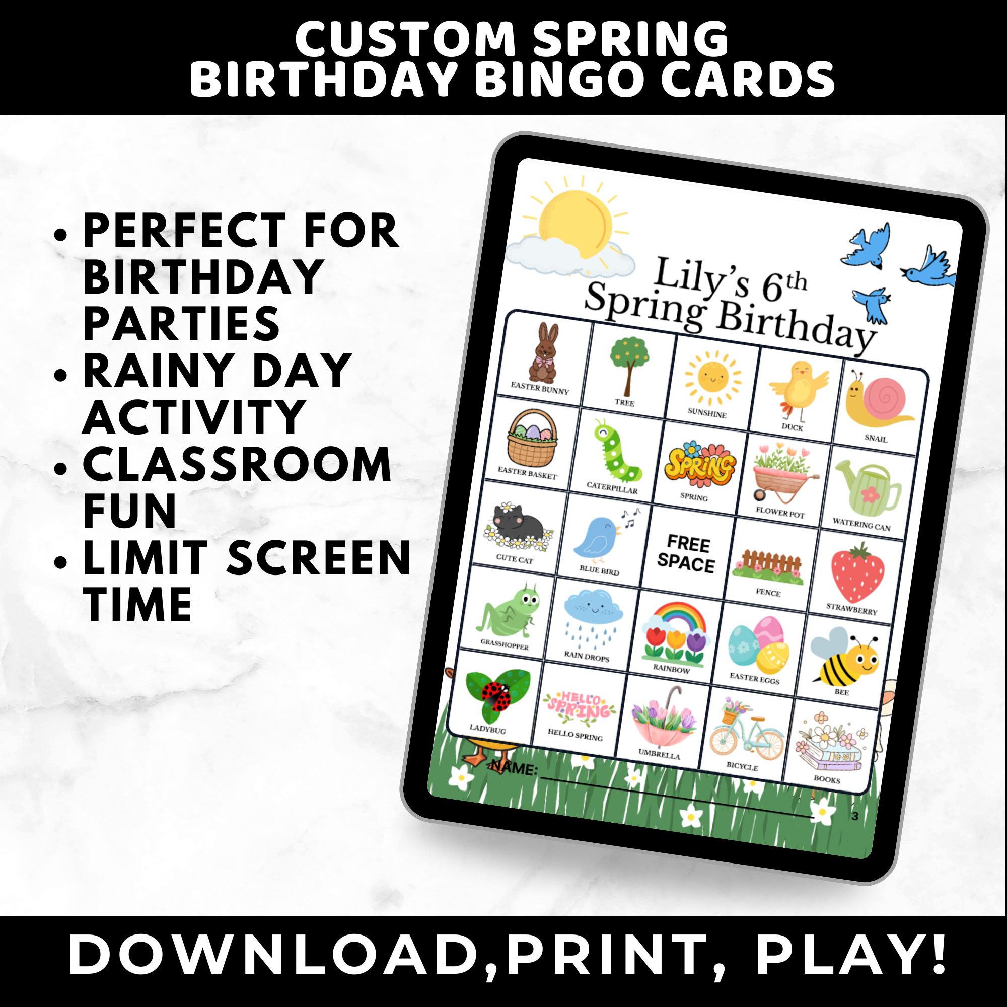 Custom Spring Birthday Bingo Game for Kids