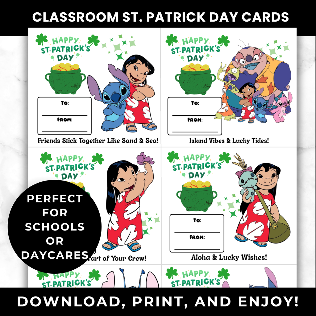 Lilo & Stitch St Patrick’s Day Cards for Kids Classroom