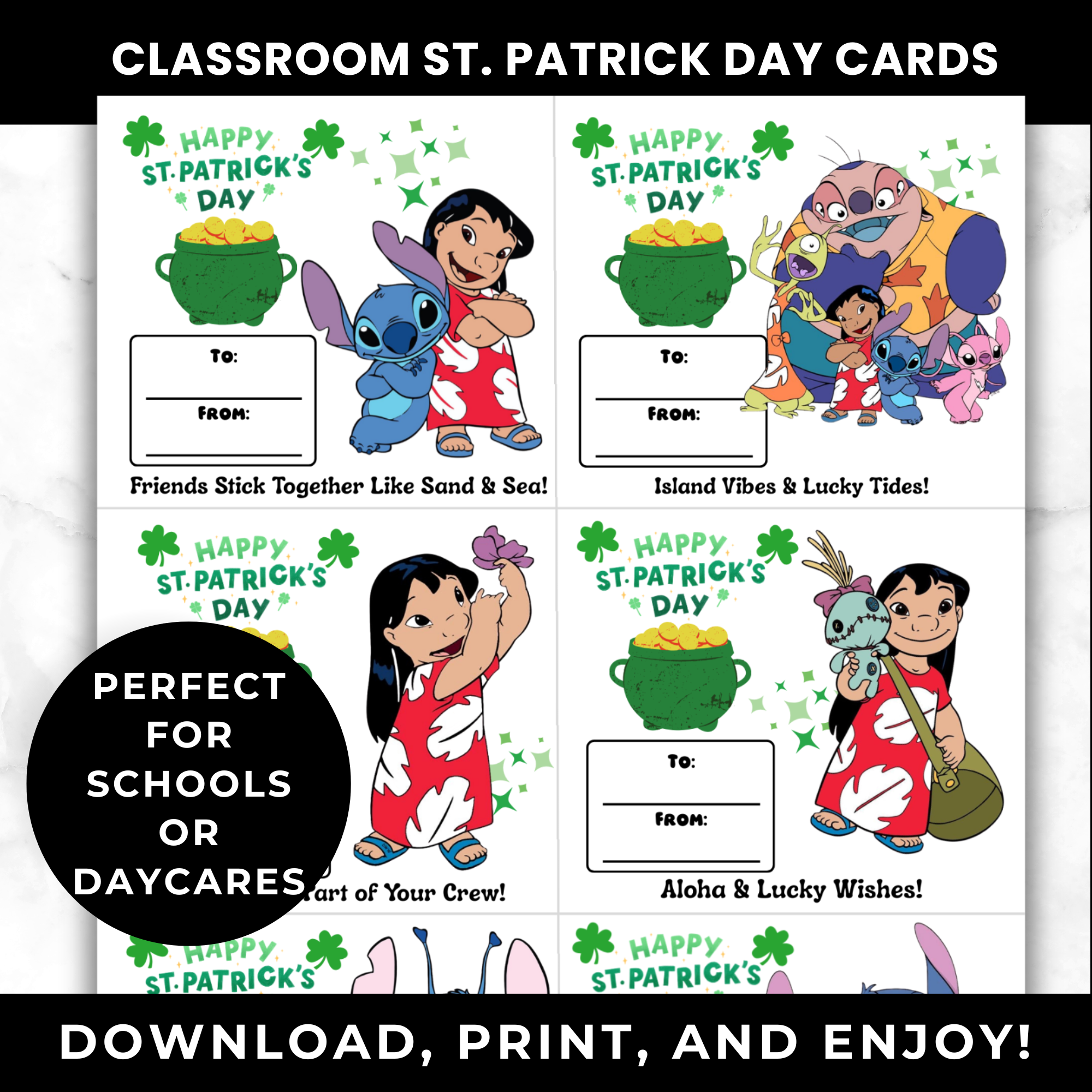 Lilo & Stitch St Patrick’s Day Cards for Kids Classroom