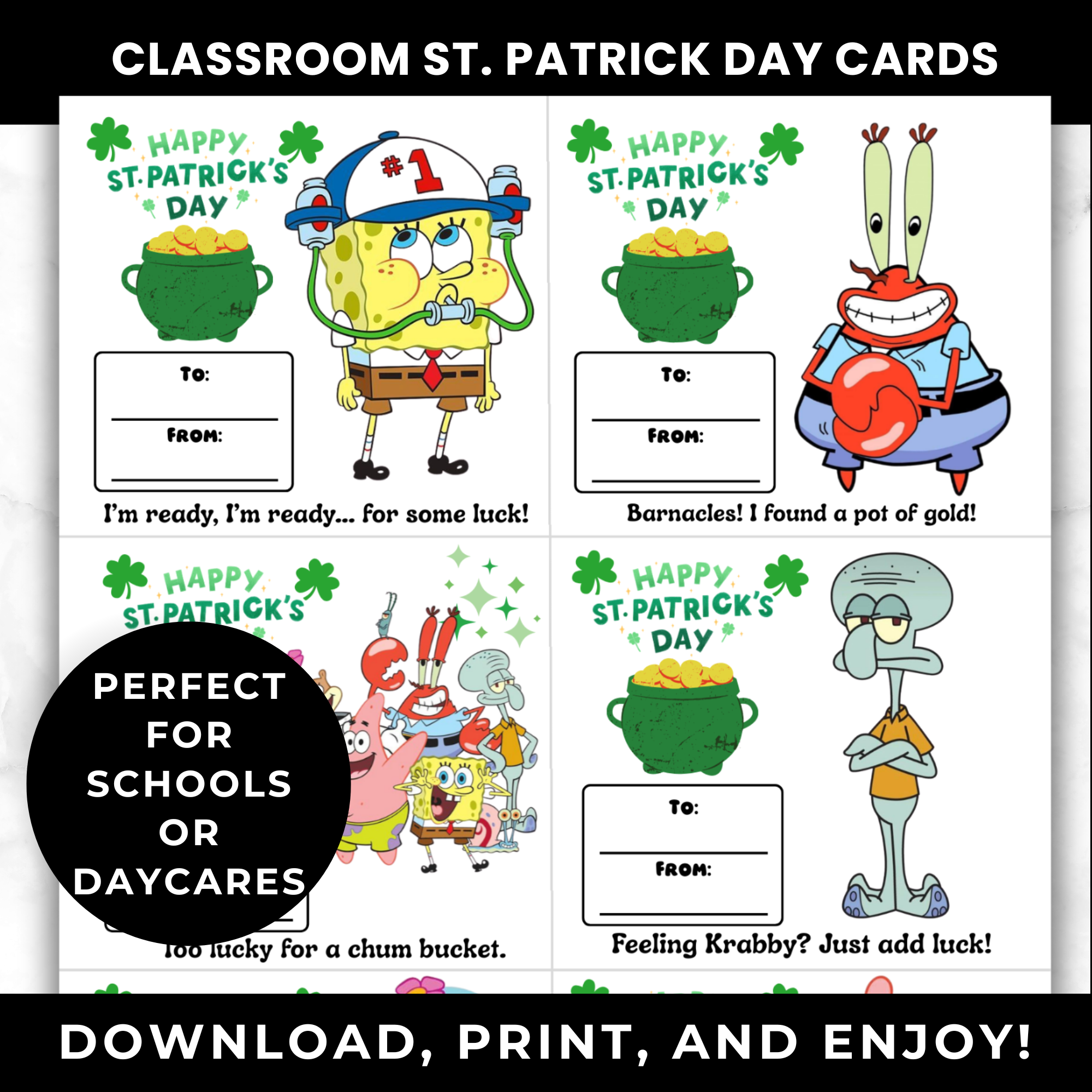 SpongeBob St Patrick’s Day Cards for Kids Classroom